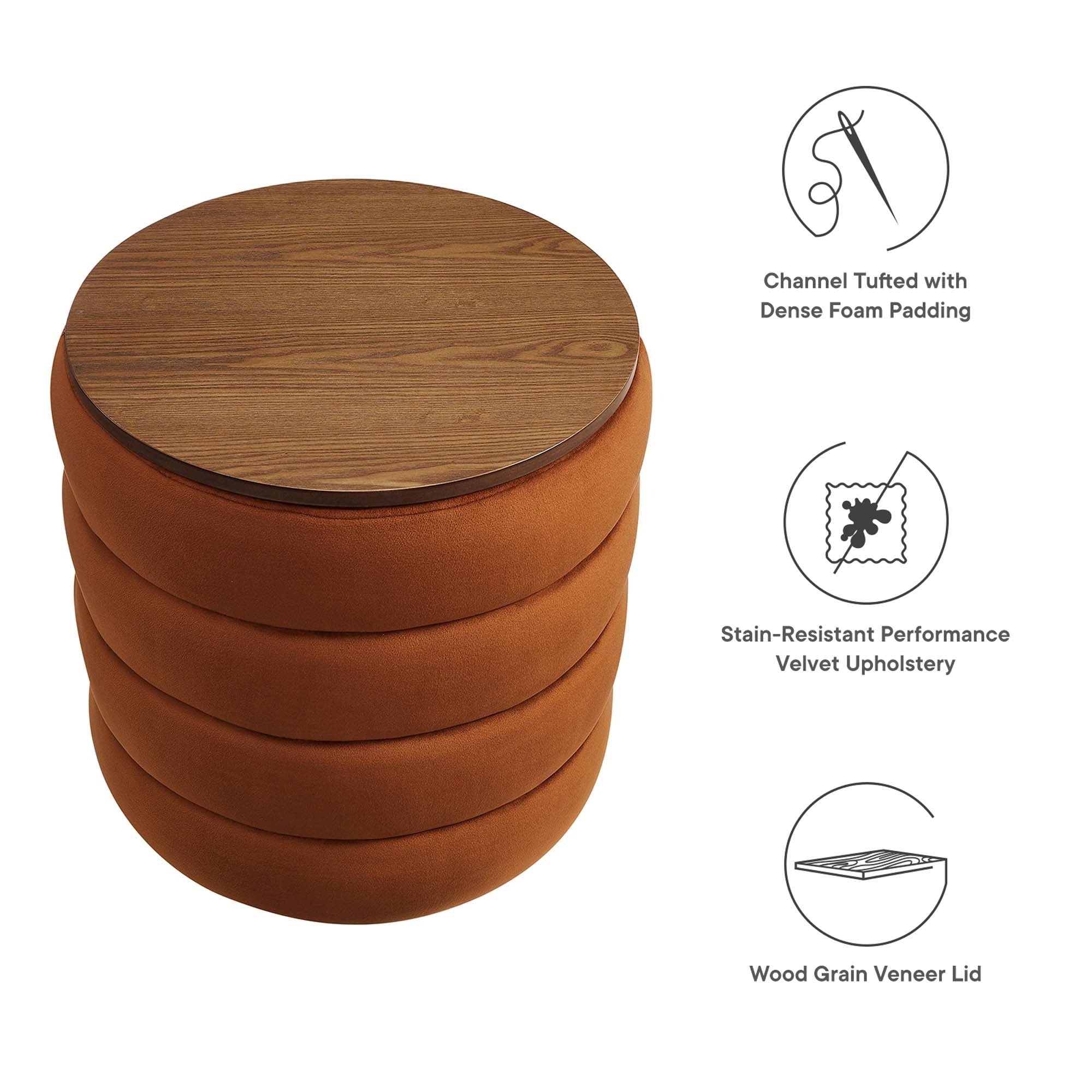 Round Performance Velvet Storage Ottoman with Wood Lid – 17 Inch - Image 12