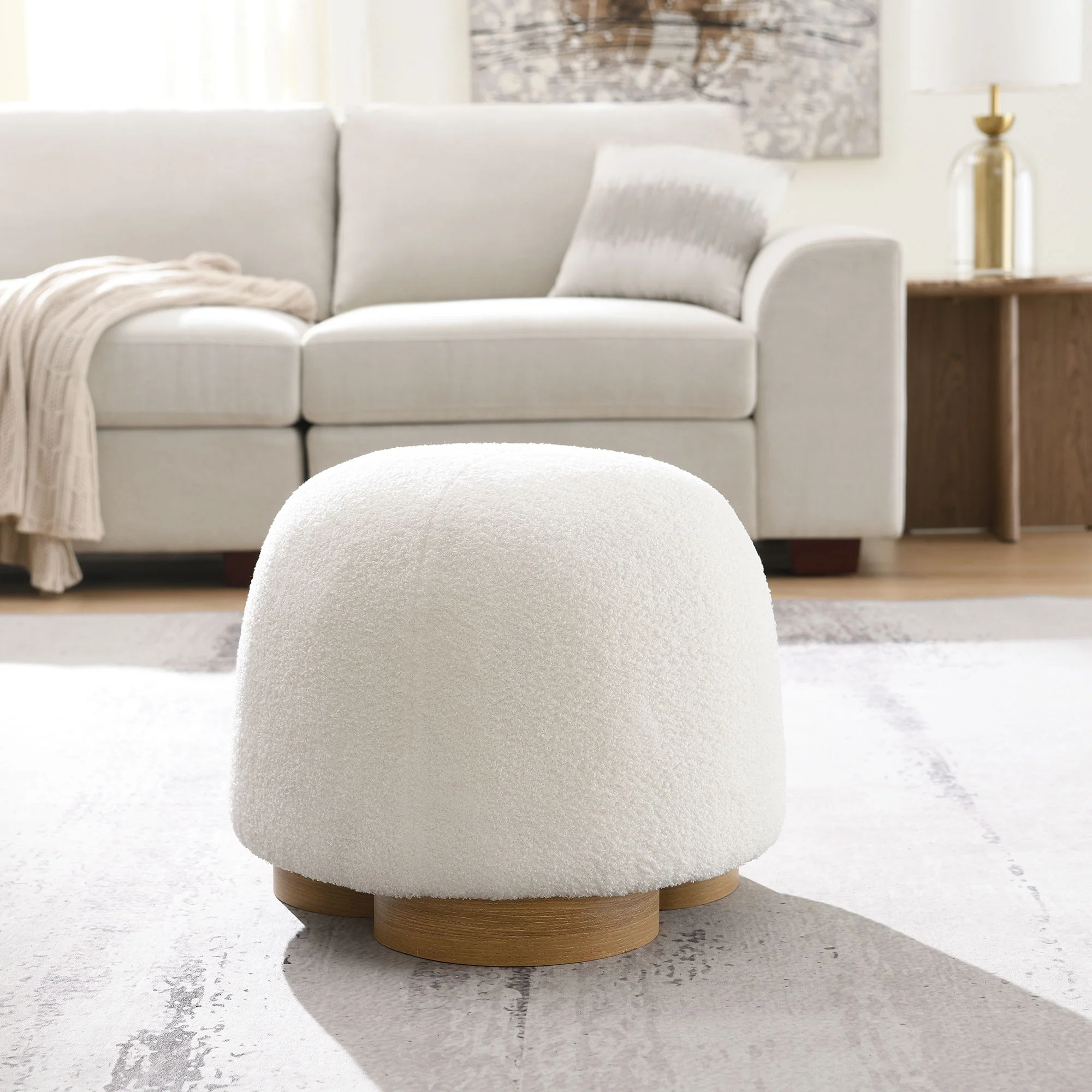 Round Soft Teddy Fabric Upholstered Ottoman With Metal Accents - Image 7