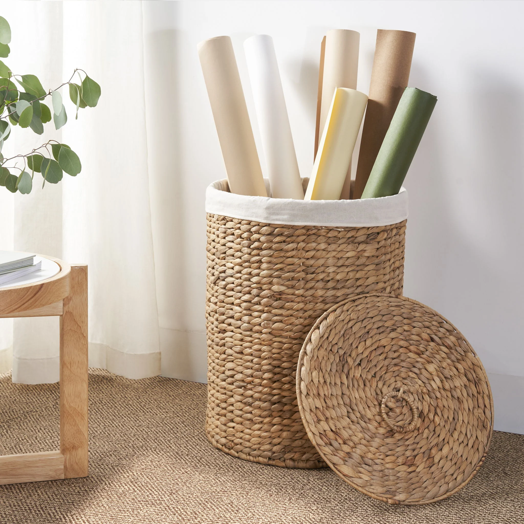 Round Tall Water Hyacinth Woven Wicker Laundry Hamper With Lid - For Clothes, Toys And Book Storage With Removable Liner - 15" X 15" X 20" - Natural Brown - Image 4