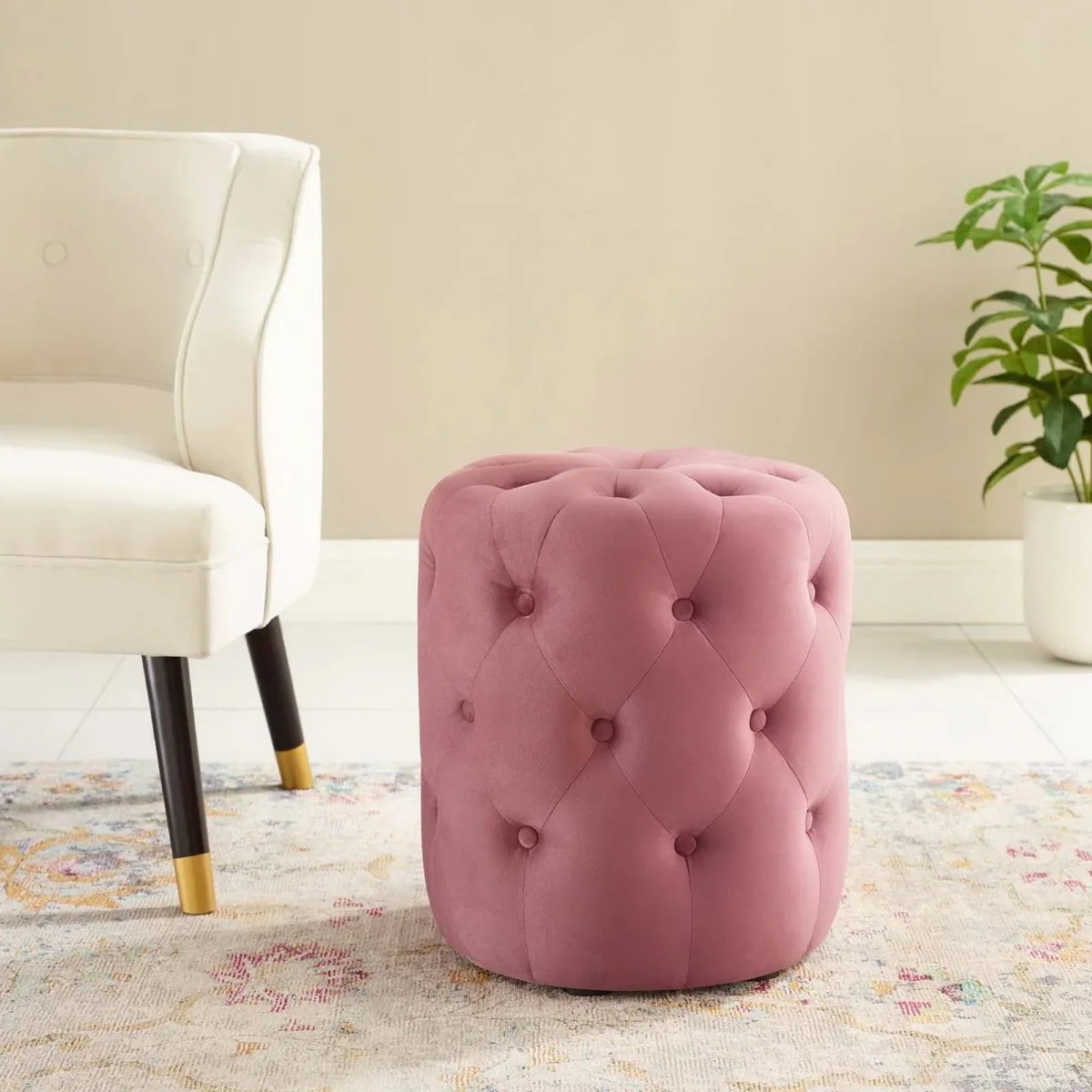 Round Tufted Velvet Ottoman – Upholstered Accent 16 Inch - Image 10