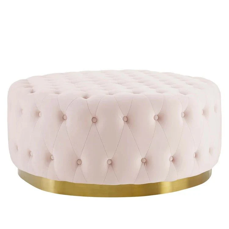 Round Tufted Velvet Ottoman with Gold Base – 40 Inch - Image 3