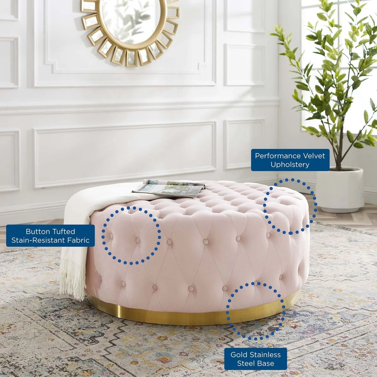 Round Tufted Velvet Ottoman with Gold Base – 40 Inch - Image 5