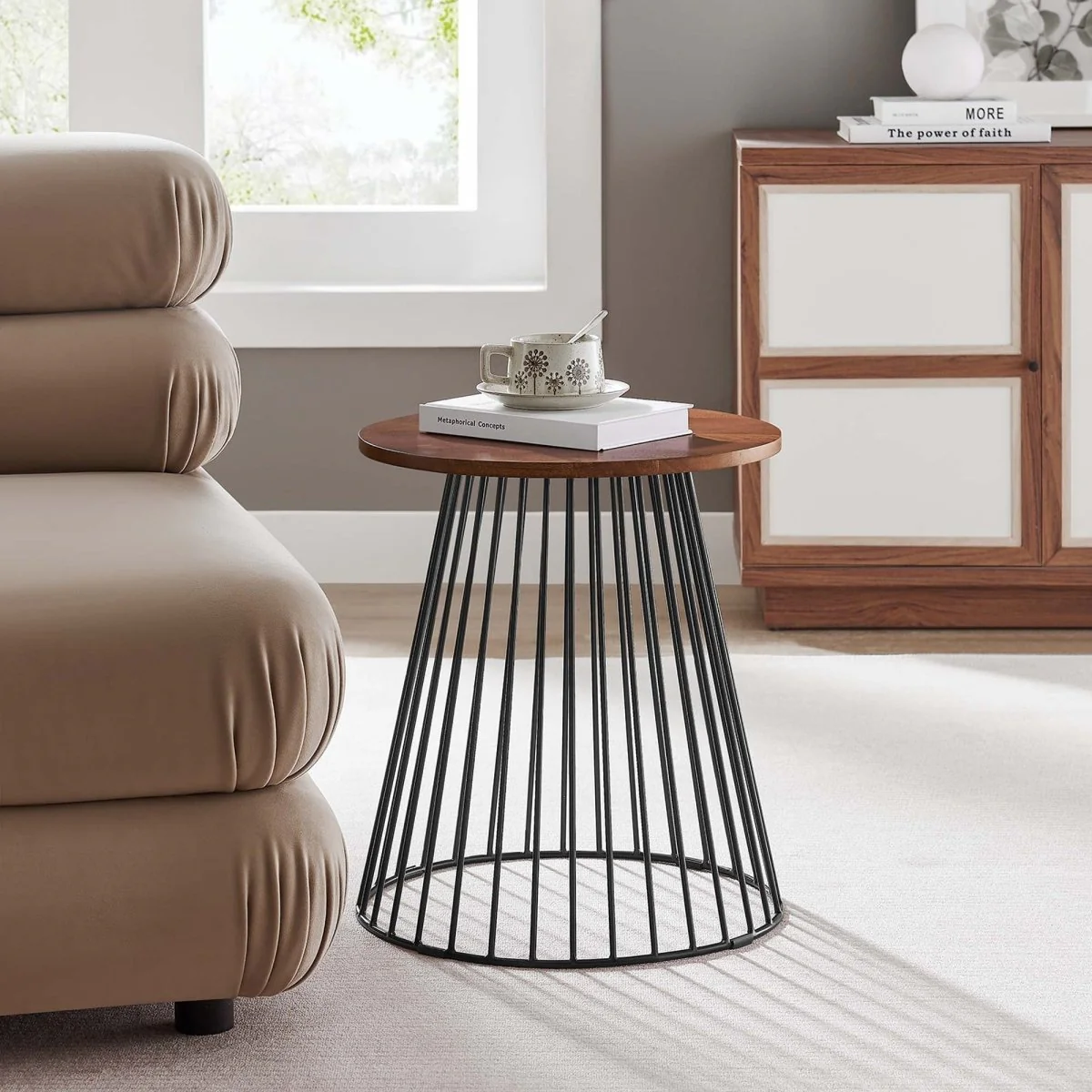 Round Wood and Metal Side Table – Walnut 16 Inch - Image 2