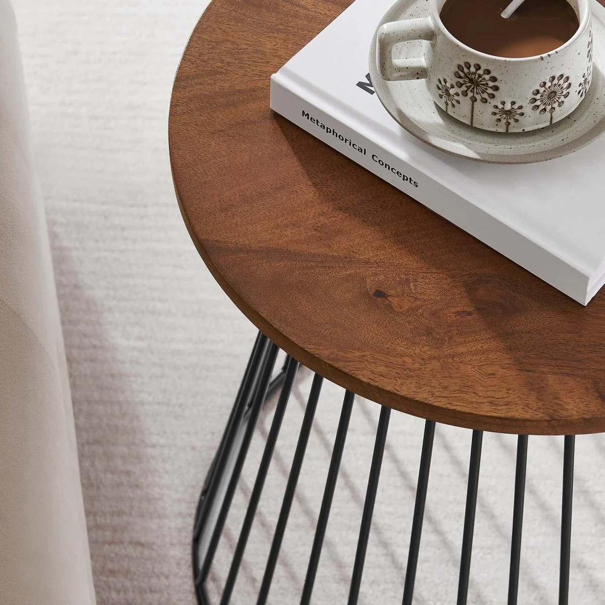 Round Wood and Metal Side Table – Walnut 16 Inch - Image 5