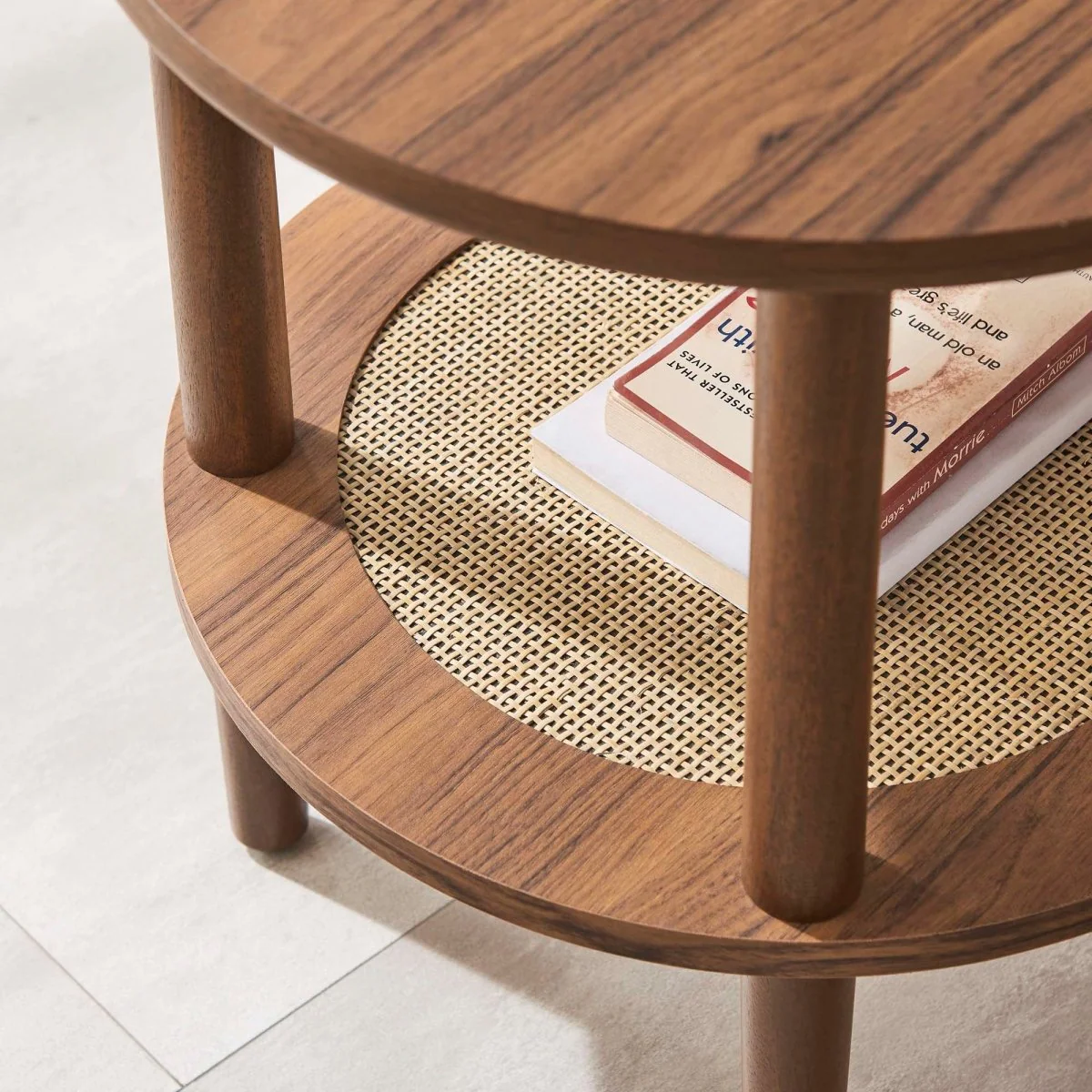 Round Wood Side Table with Rattan Shelf – 19 Inch - Image 12