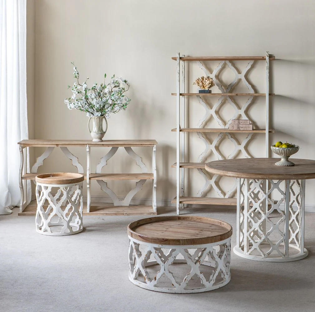 Round Wooden Dining Table With Ornate Cut Out Base - Brown / Antique White - Image 5