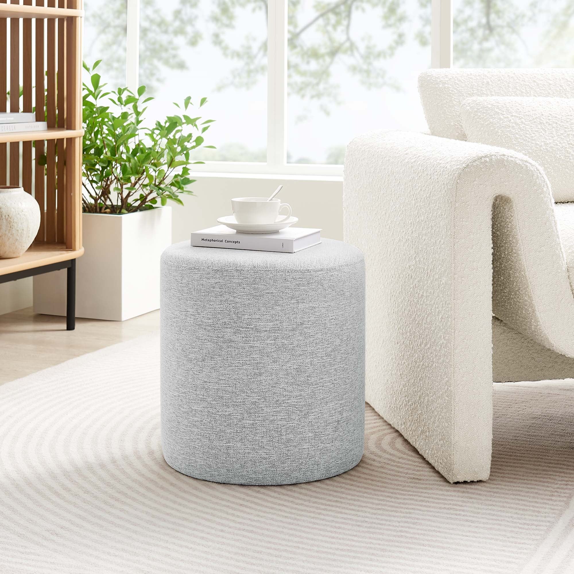 Round Woven Heathered Fabric Upholstered Ottoman – 16 Inch - Image 20