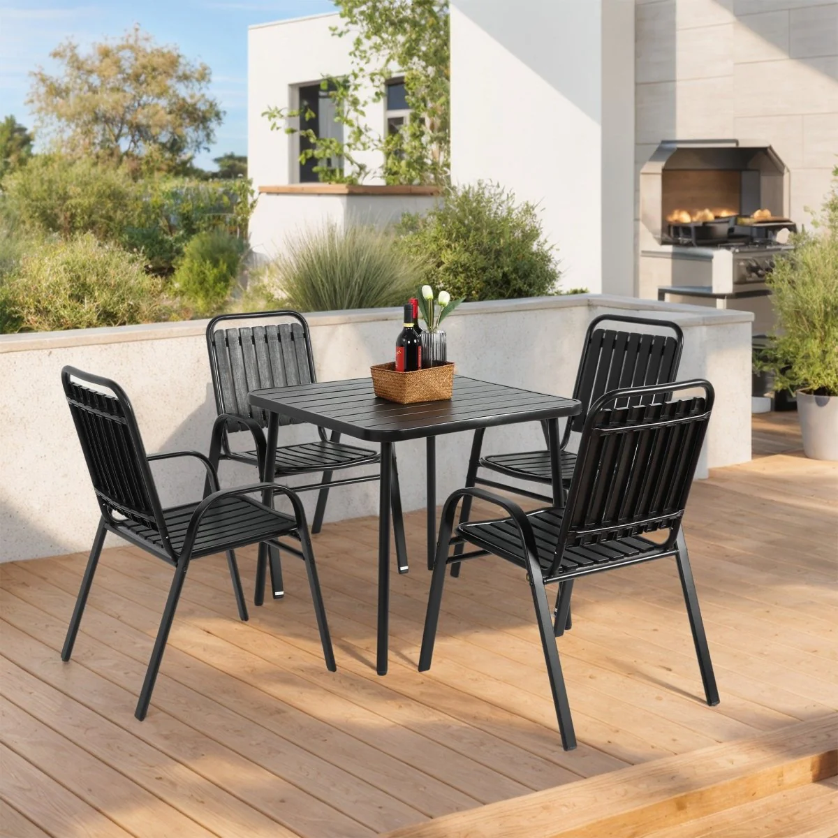Rowlan 5-Piece Outdoor Dining Set with Plastic Chairs Black or Brown - Image 2