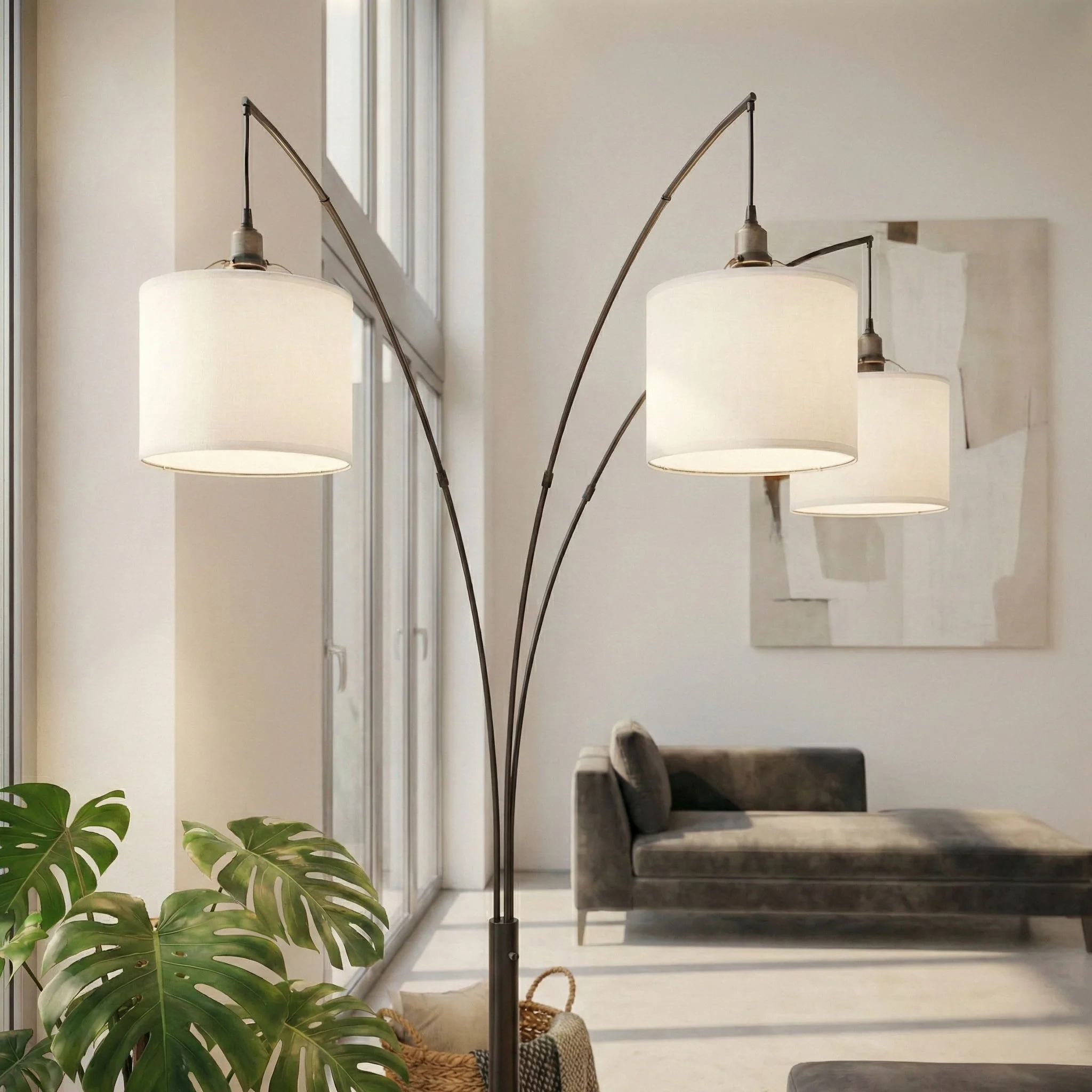 Royal - 3 Arm Arc Floor Lamp, Oil Rubbed Bonze With Linen Shade, 4 Way Rotary Switch - Oil-Rubbed Bronze - Image 5