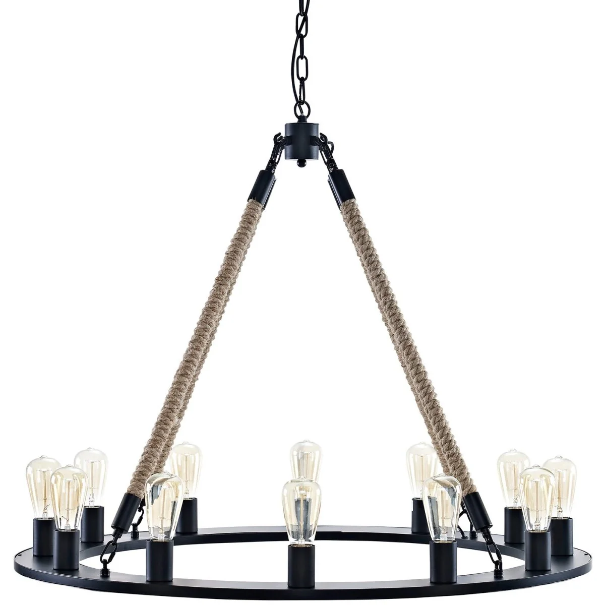 12-Light Rustic Chandelier – Brown Rope and Steel - Image 3