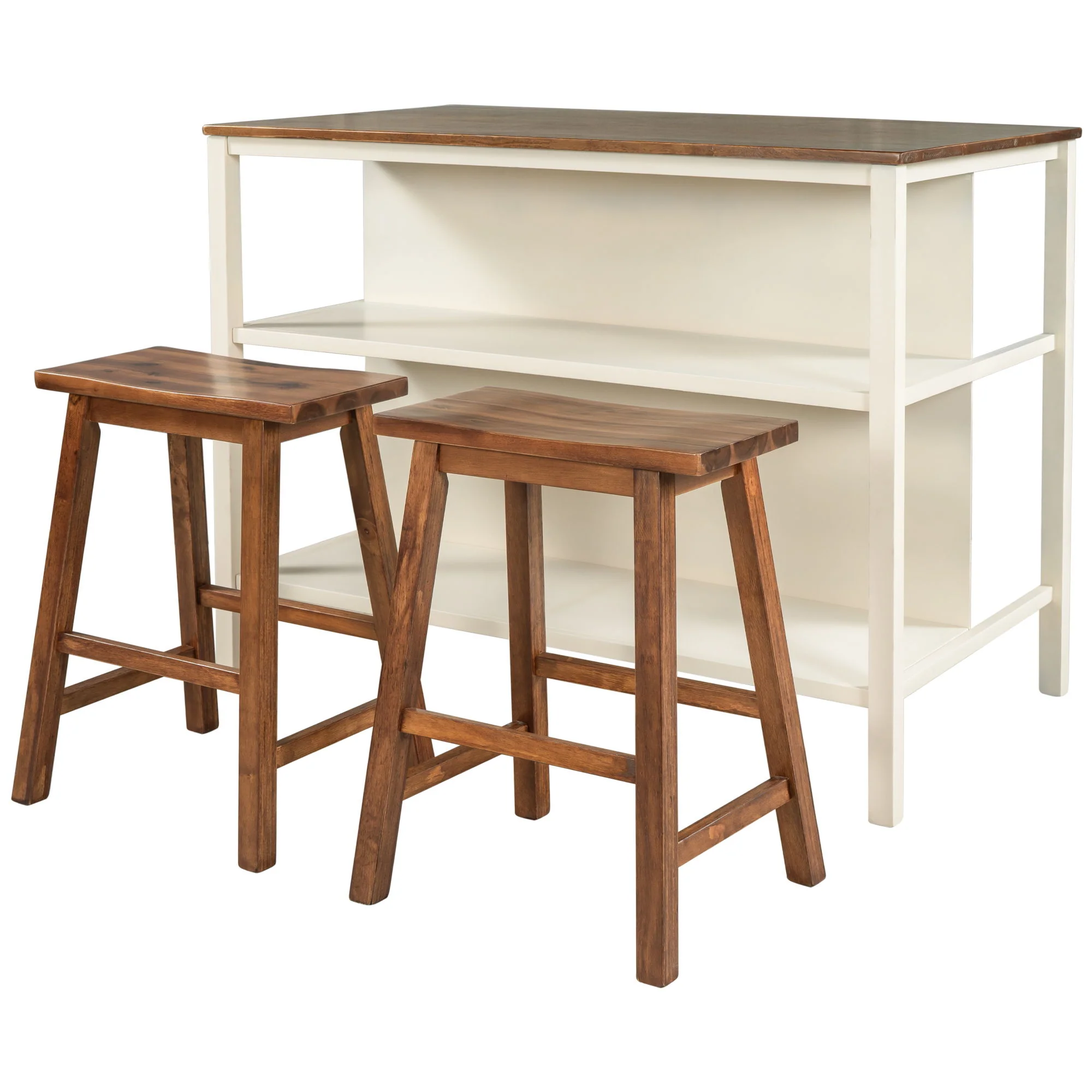 Rustic 3 Piece Stationary Kitchen Island Set With 2 Seatings, With 2 Open Shelves - Image 2