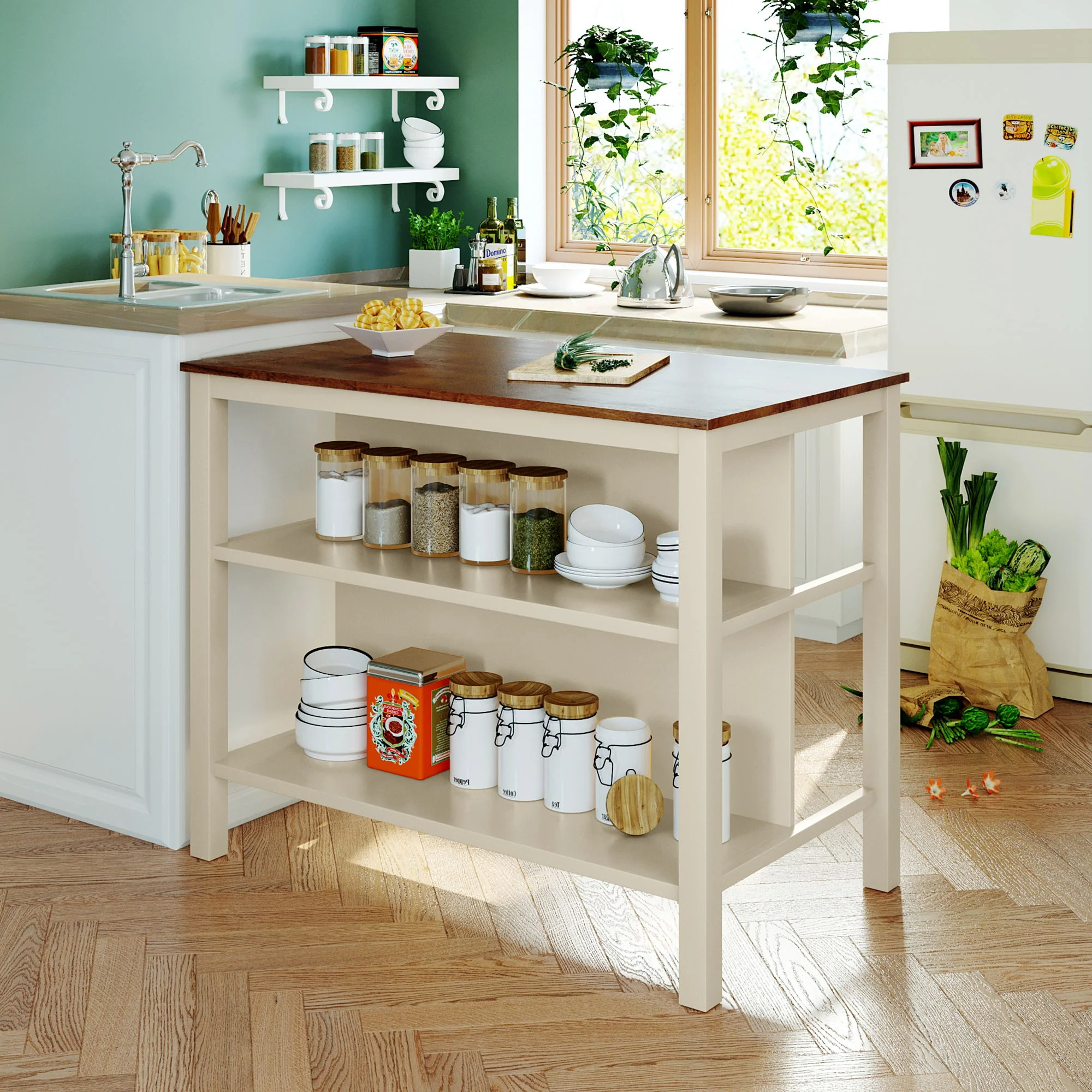 Rustic 3 Piece Stationary Kitchen Island Set With 2 Seatings, With 2 Open Shelves - Image 9