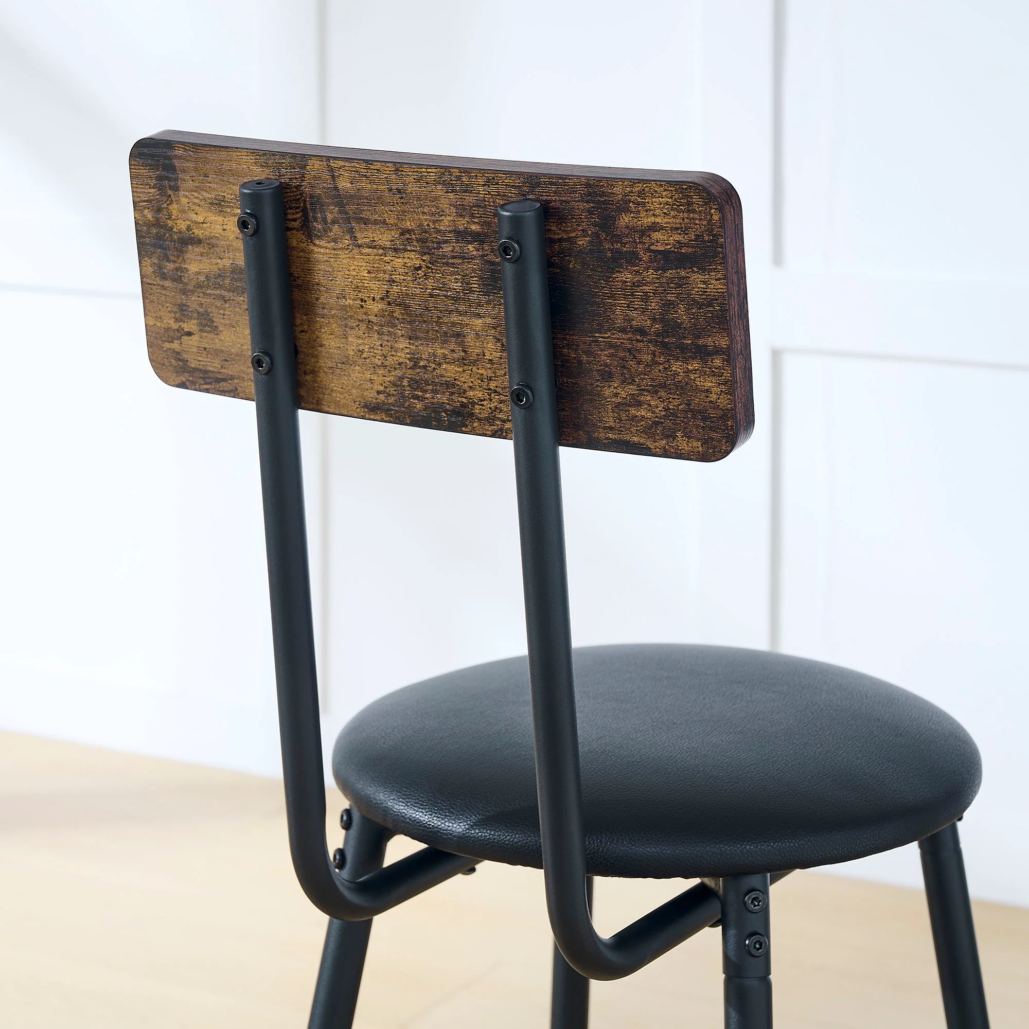 Rustic Brown Round Bar Table And Stool Set With Shelf, Upholstered Stool With Backrest - Antique Brown - Image 9