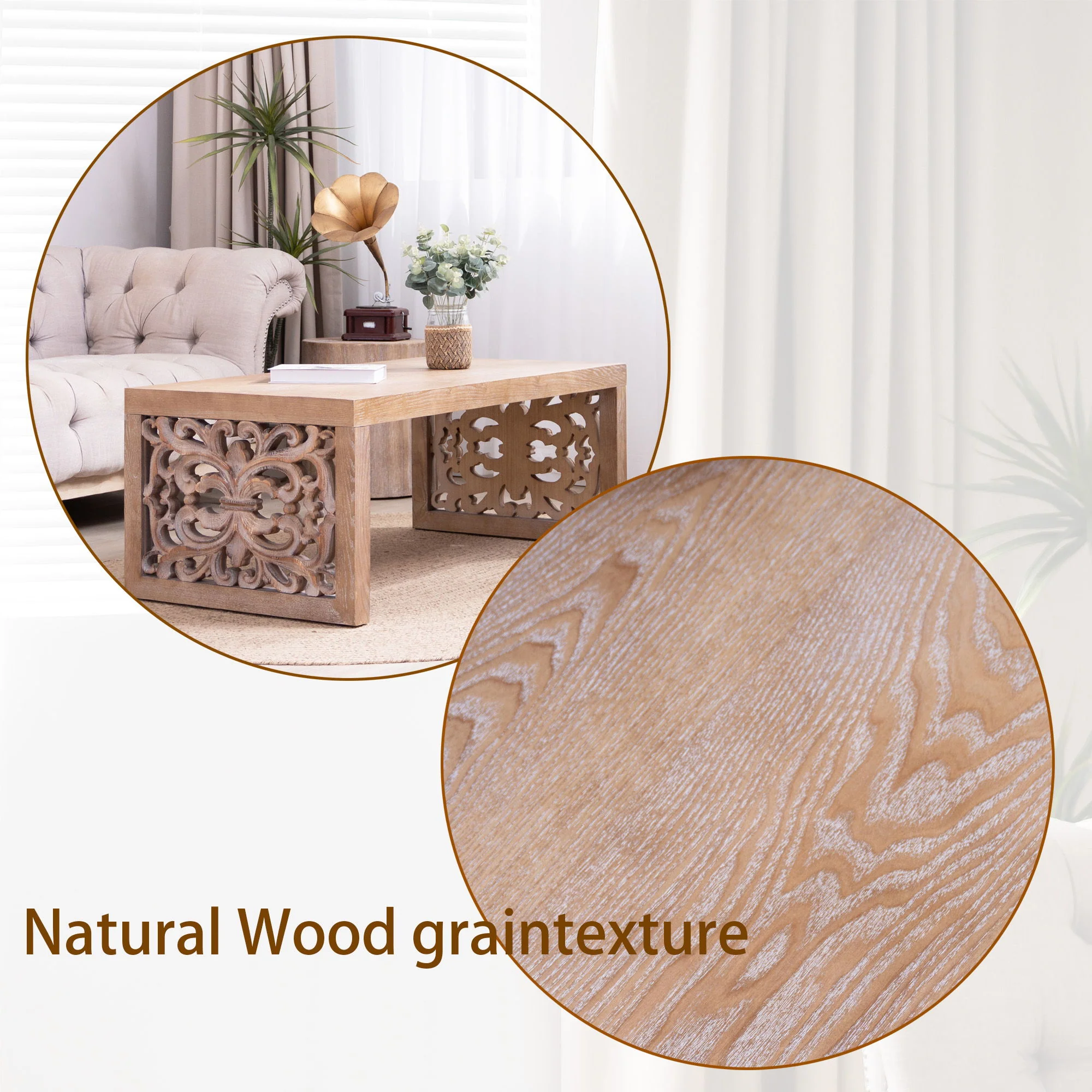 Rustic Carved Wood Coffee Table, Handcrafted Look With Ornate Side Panels - Image 10