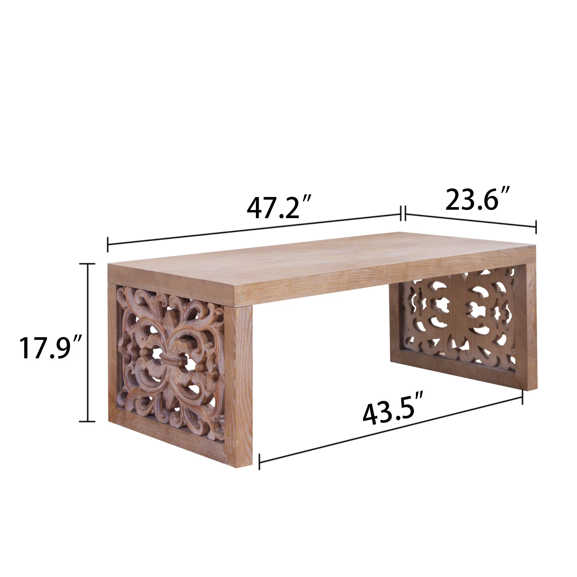 Rustic Carved Wood Coffee Table, Handcrafted Look With Ornate Side Panels - Image 11