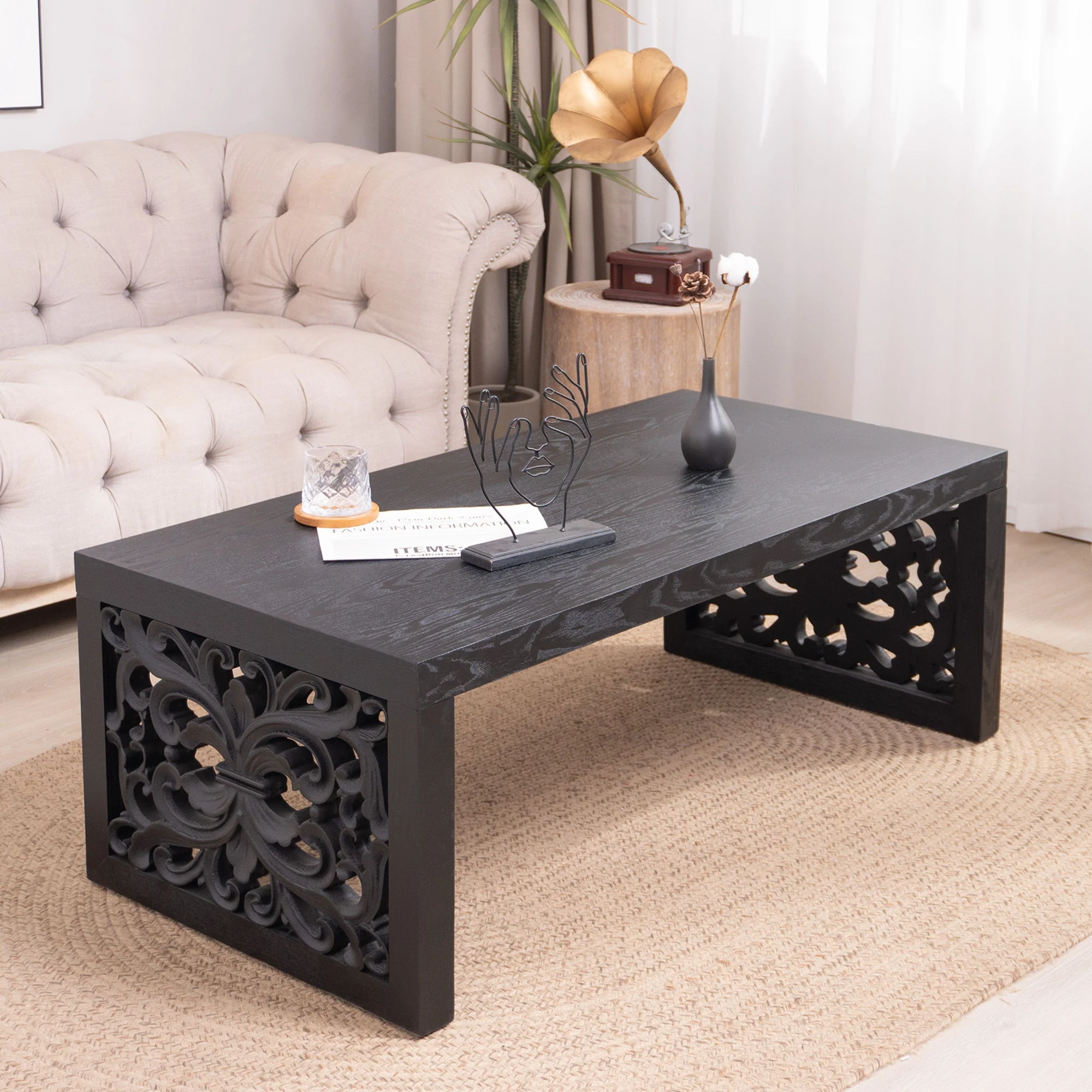 Rustic Carved Wood Coffee Table, Handcrafted Look With Ornate Side Panels - Image 15