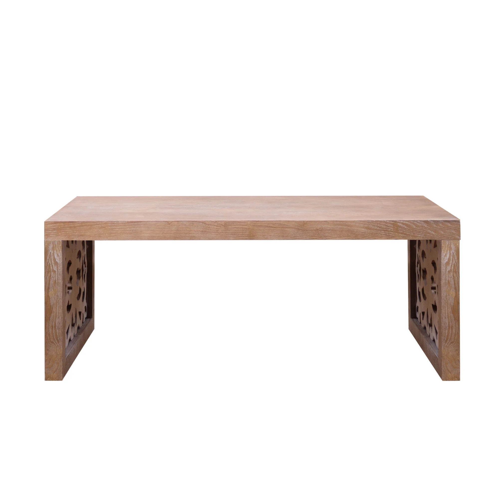 Rustic Carved Wood Coffee Table, Handcrafted Look With Ornate Side Panels - Image 5