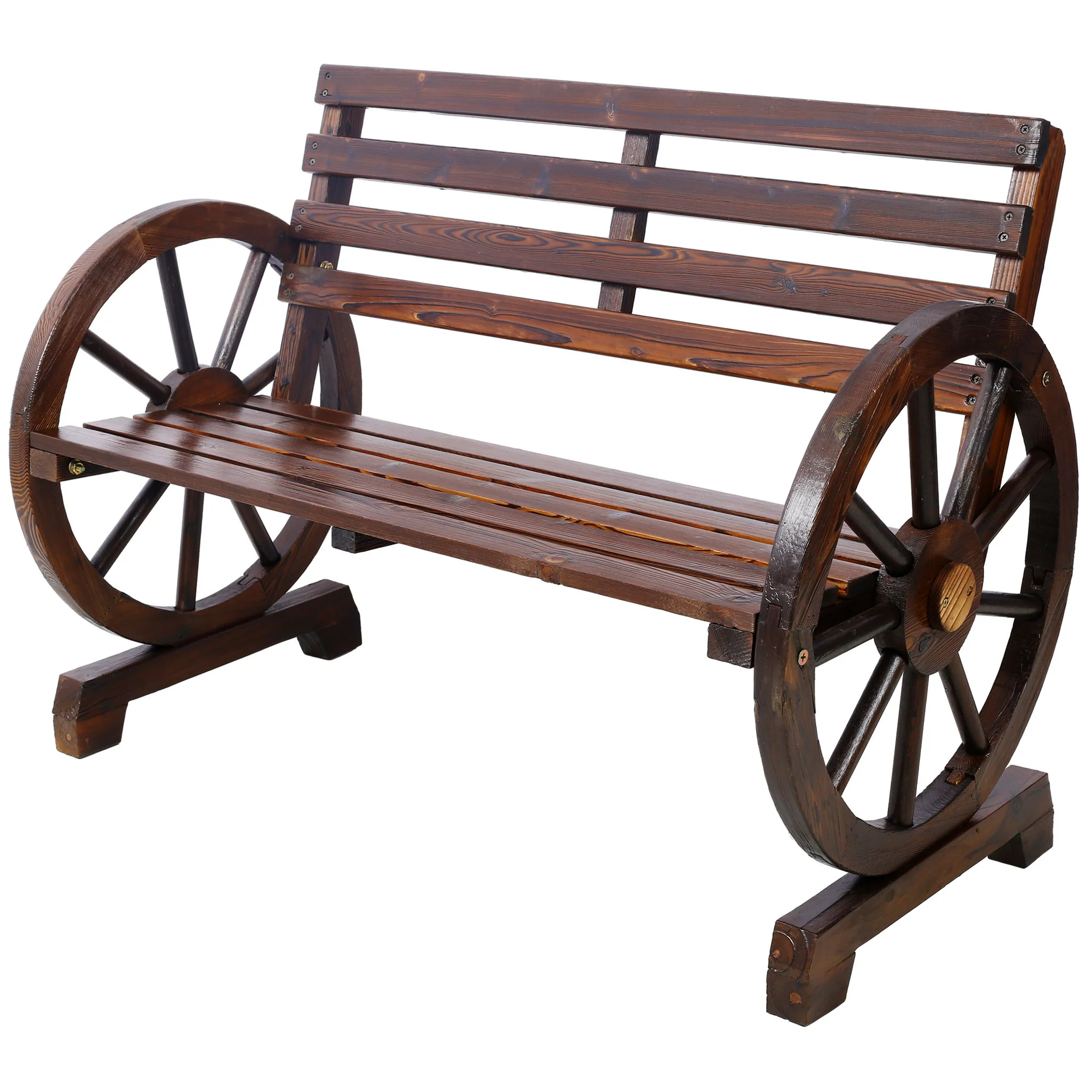Rustic Country 2 Person Wooden Wagon Wheel Bench With Slatted Seat And Backrest - Brown - Image 6