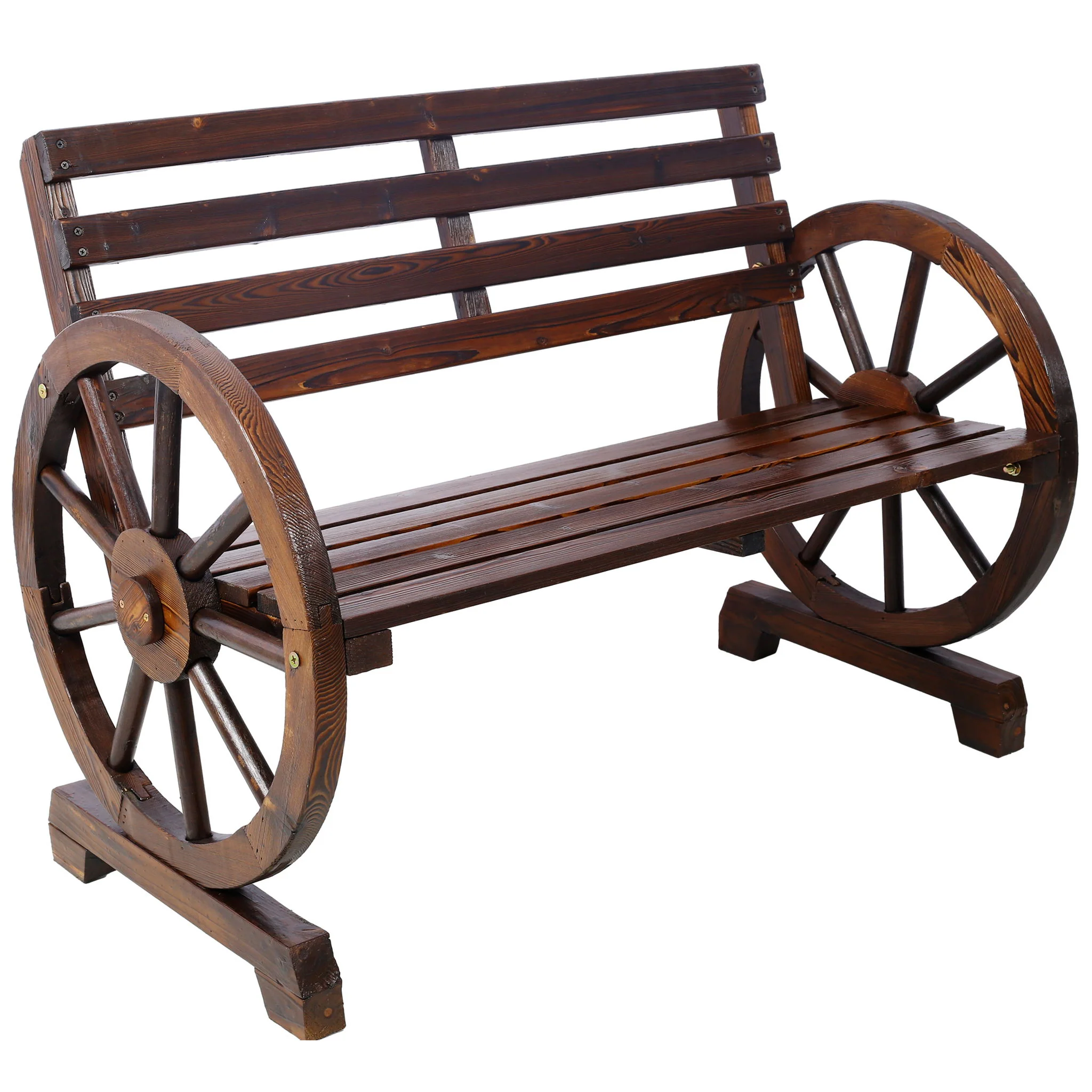 Rustic Country 2 Person Wooden Wagon Wheel Bench With Slatted Seat And Backrest - Brown - Image 7