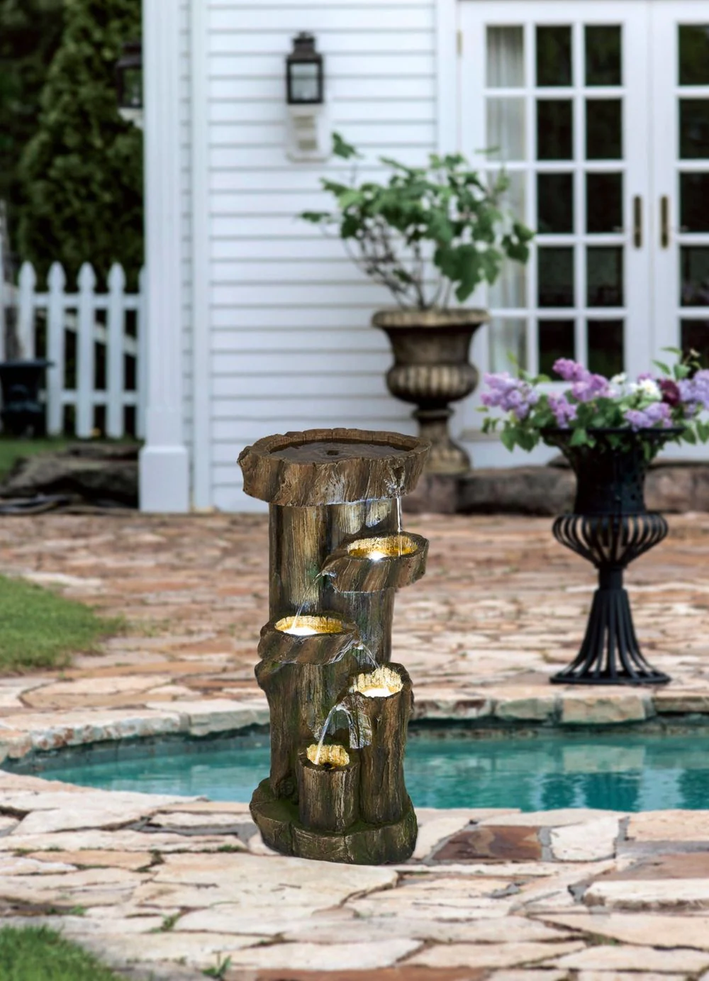 Rustic Decorative Tree Trunk 5 Tier Water Fountain, With Light And Pump, For Indoor And Outdoor - Brown - Image 3