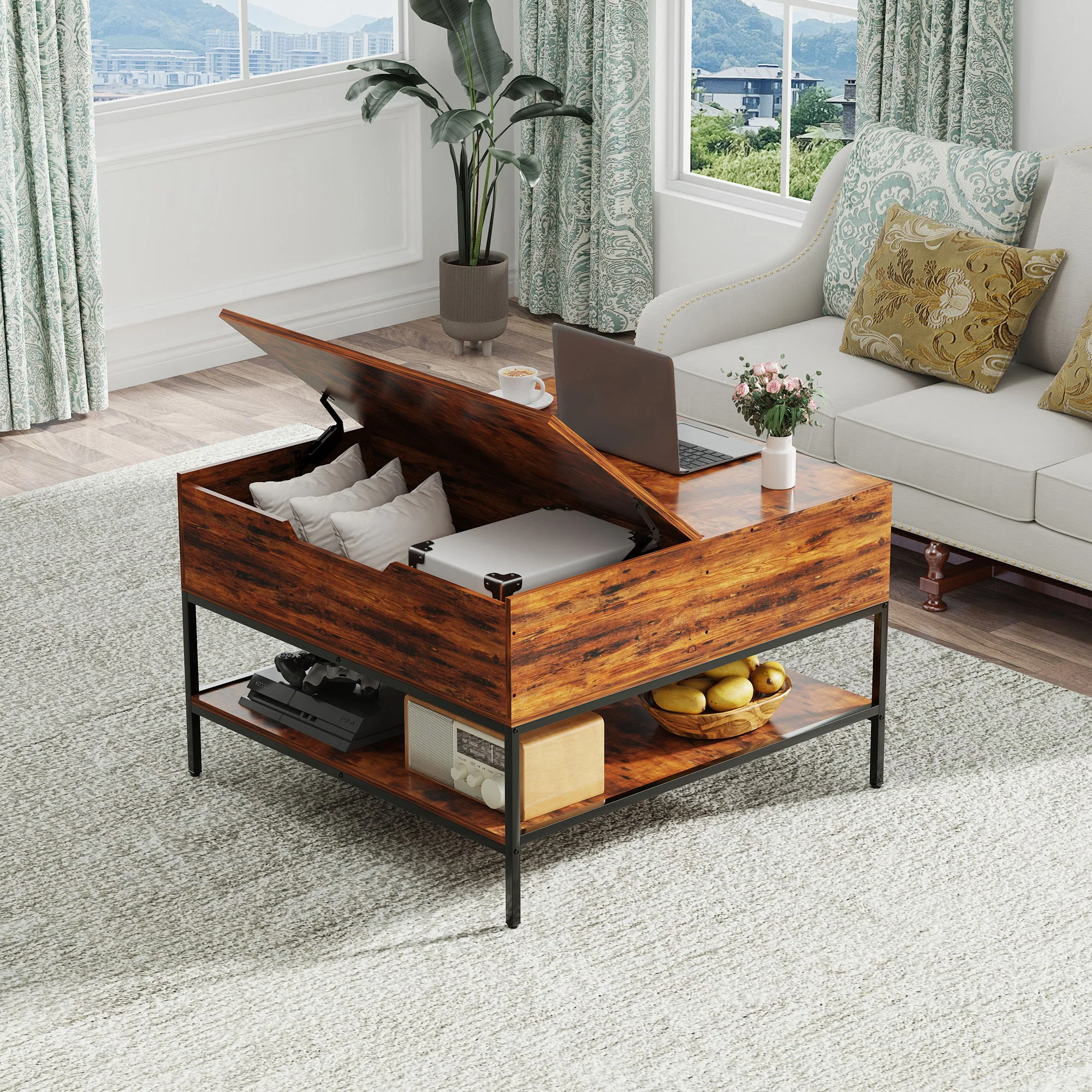 Rustic Flip Top Coffee Table With Hidden Storage - Black / Brown - Image 7