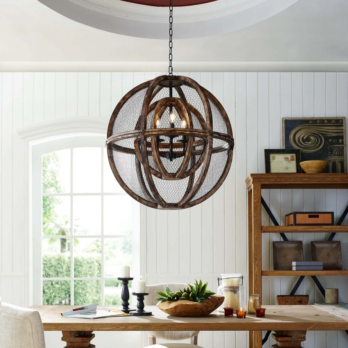 3-Light Rustic Oak Wood Globe Pendant Chandelier - Image 5