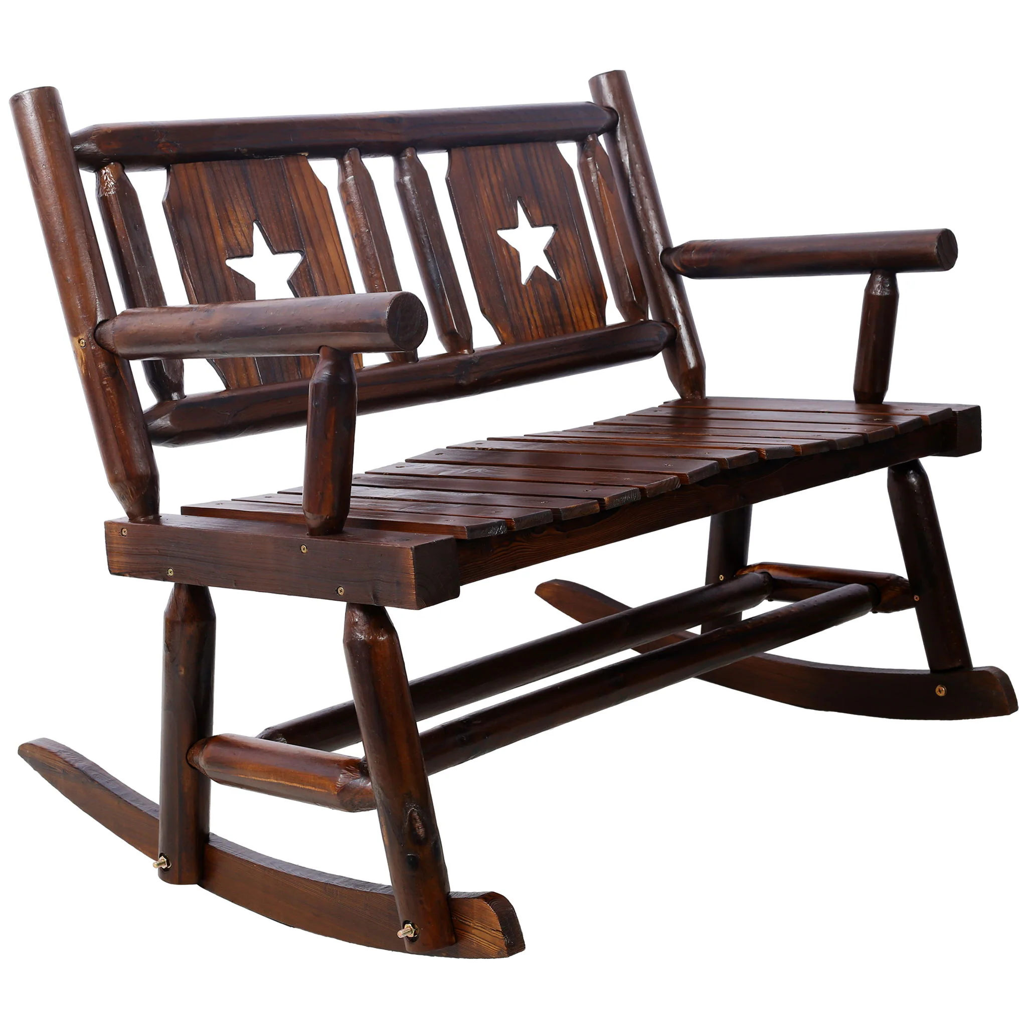 Rustic Outdoor Wood Rocking Bench Double Rocking Chair For 2 Persons With Curved Seat, Porch Rocker - Brown - Image 9