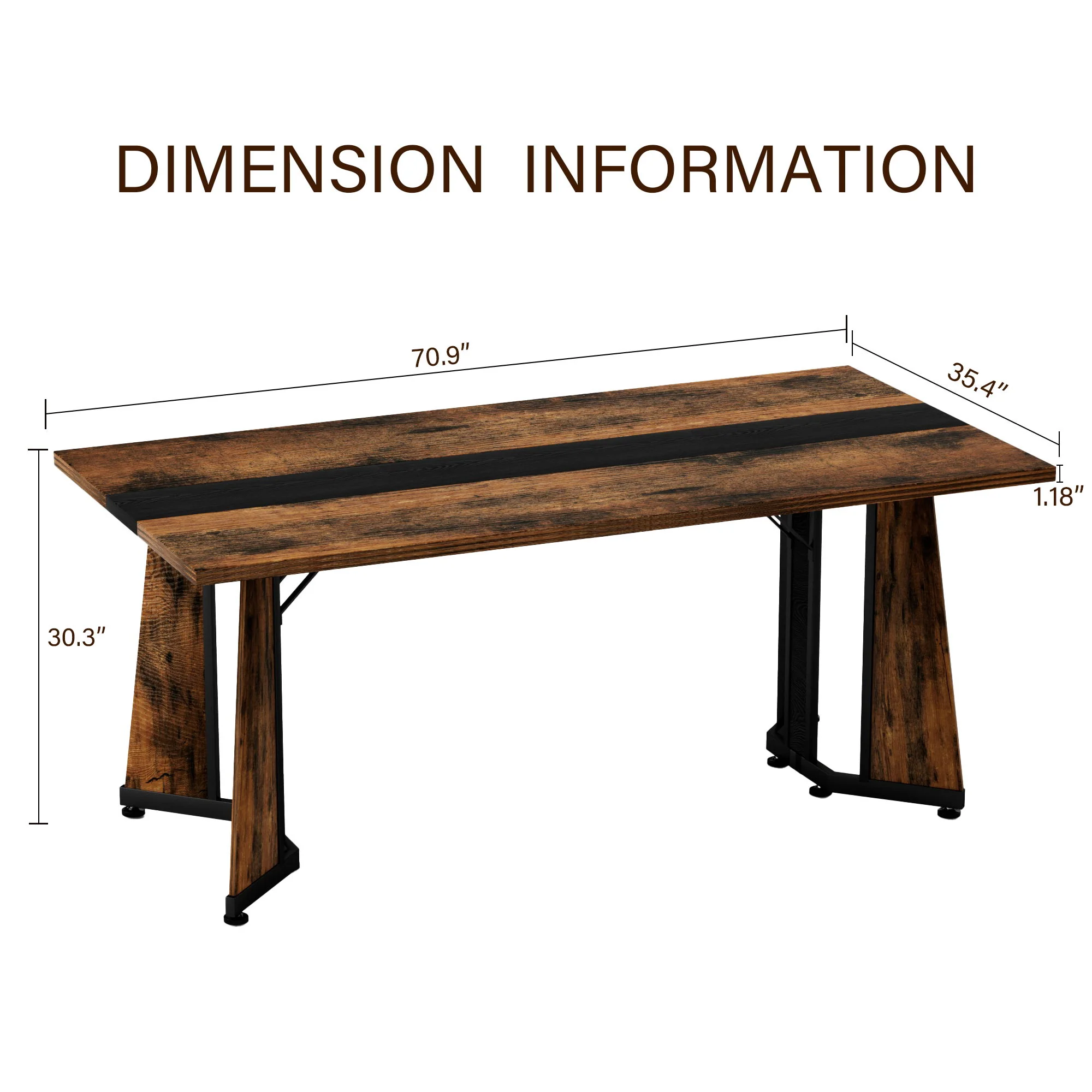 Rustic Rectangular Large Dining Table, Waterproof Desk For 8 People, & Steel With Adjustable Legs - Black / Rustic Brown - Image 4