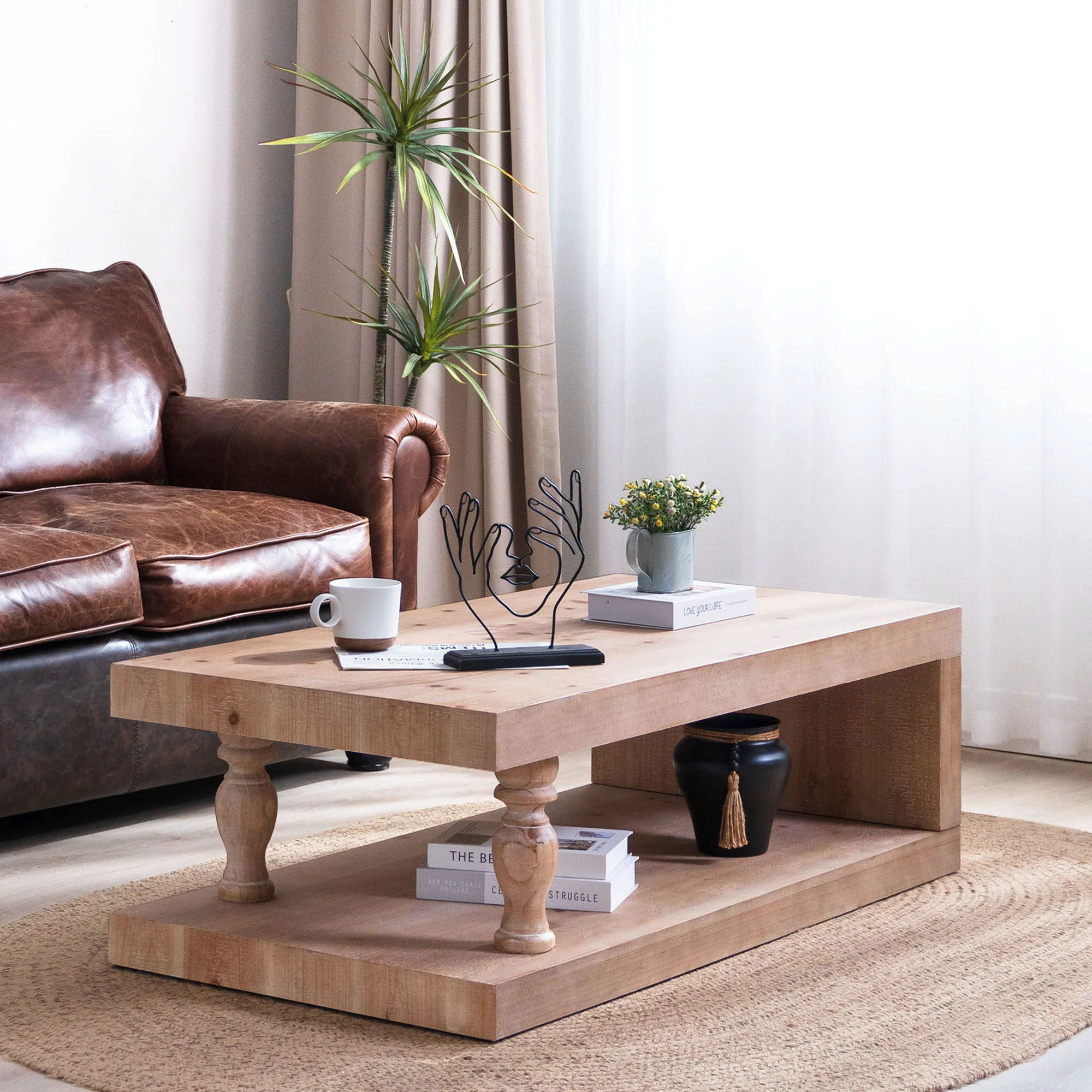 Rustic Solid Wood Coffee Table With Open Shelf, Modern Farmhouse Design - Light Natural / Natural - Image 4