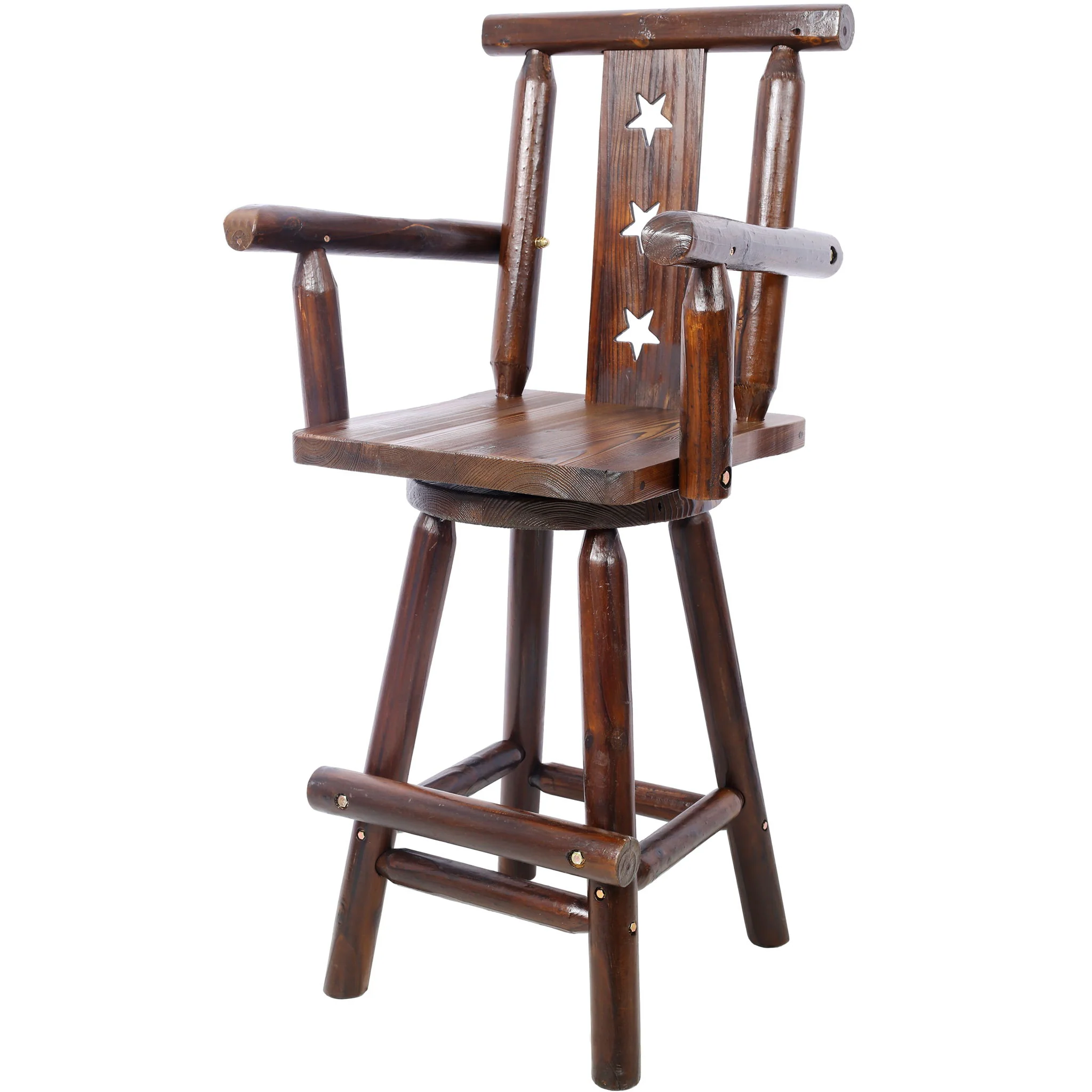Rustic Tall Bistro Chair Decorative Star Backrest And Footrest, Fir Wood, 4 Foot - Brown - Image 6