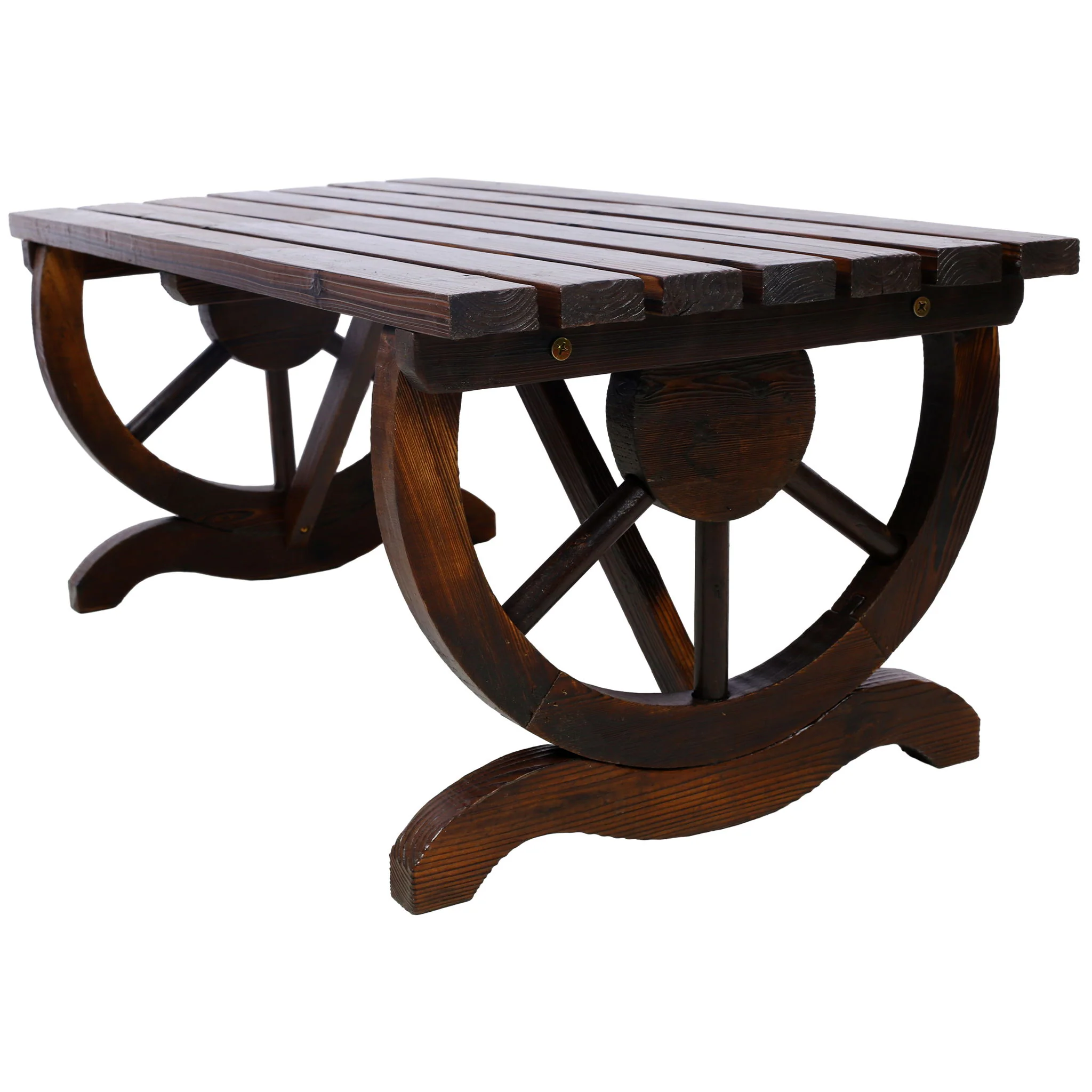 Rustic Wooden Bench With Wagon Wheel Legs For Garden And Patio - Brown - Image 5