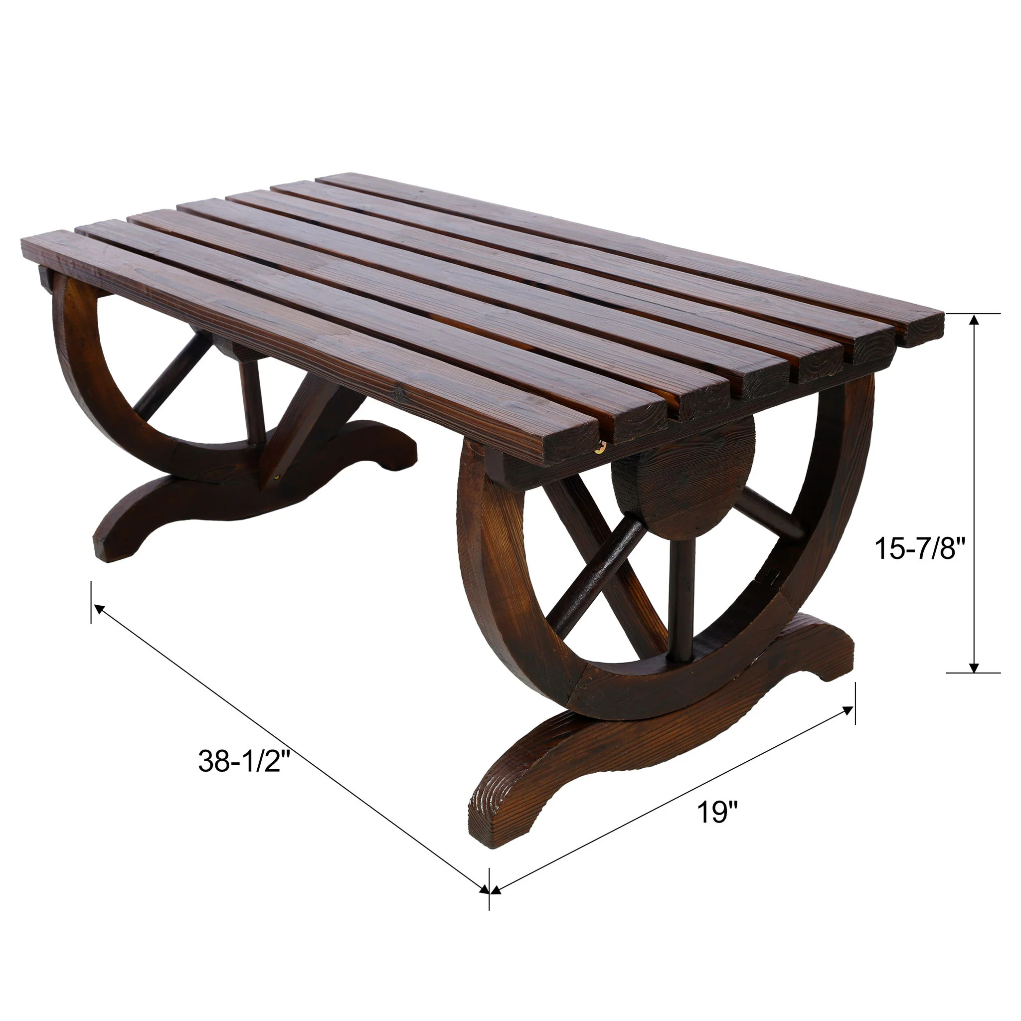 Rustic Wooden Bench With Wagon Wheel Legs For Garden And Patio - Brown - Image 7
