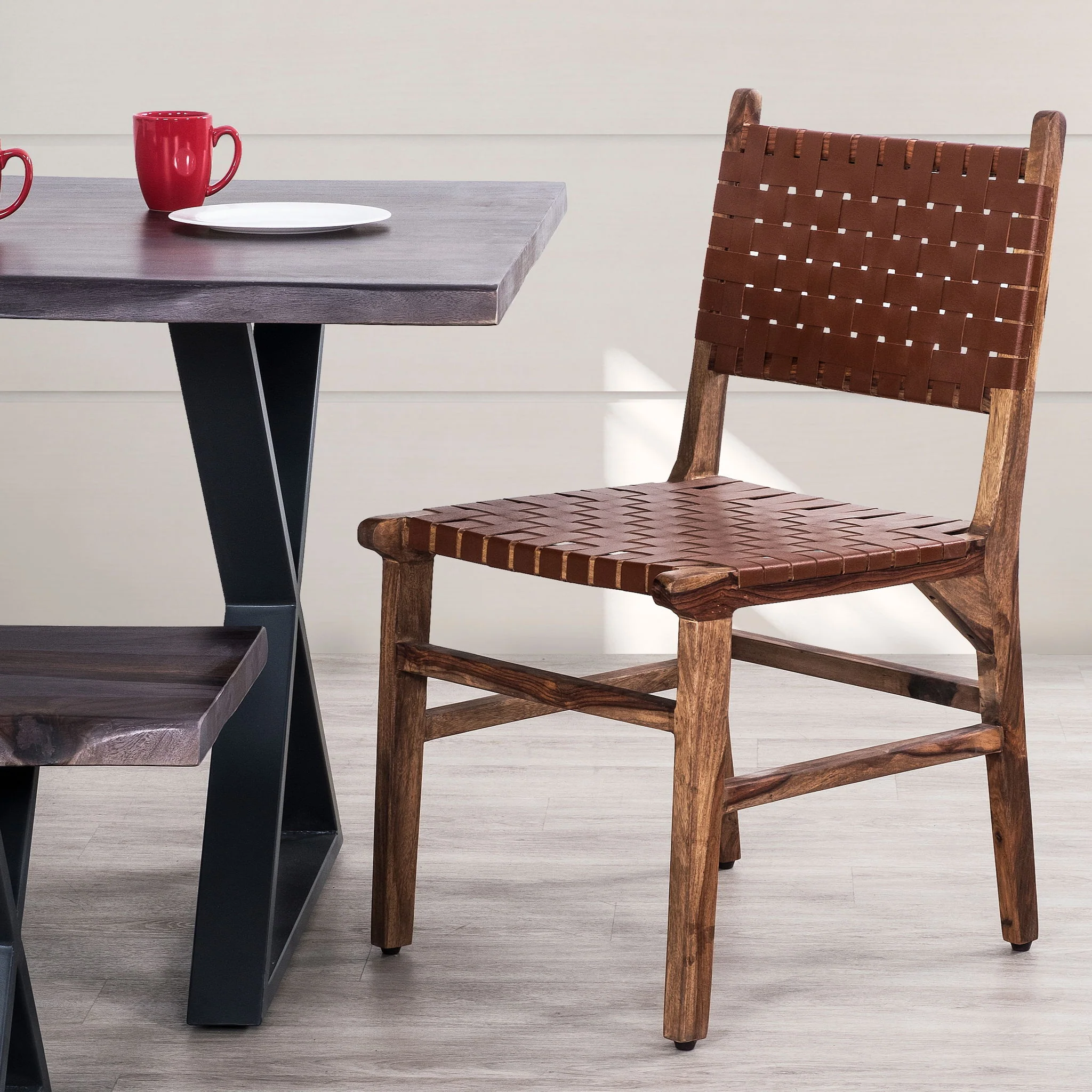 Rustic Wooden Dining Chair (Set of 2) With Genuine Leather Woven Upholstery - Brown - Image 4