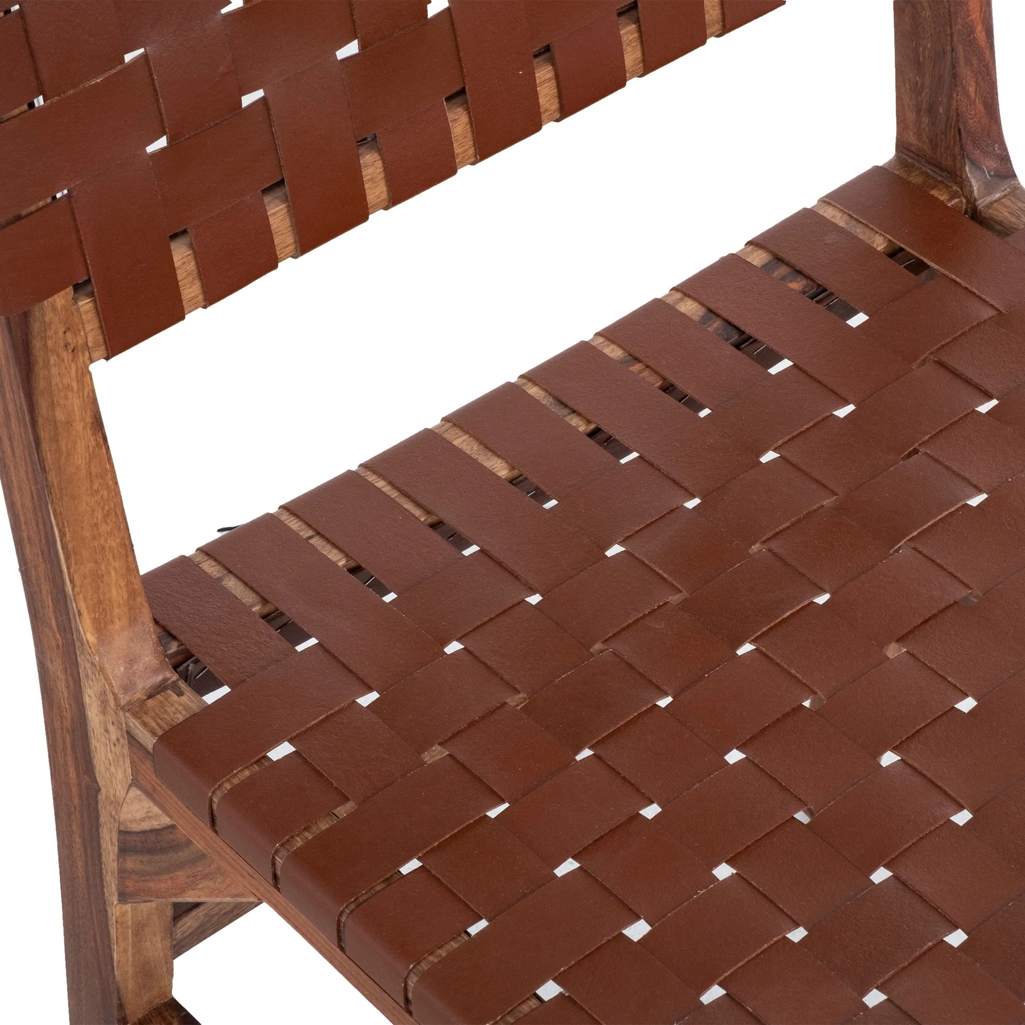 Rustic Wooden Dining Chair (Set of 2) With Genuine Leather Woven Upholstery - Brown - Image 5