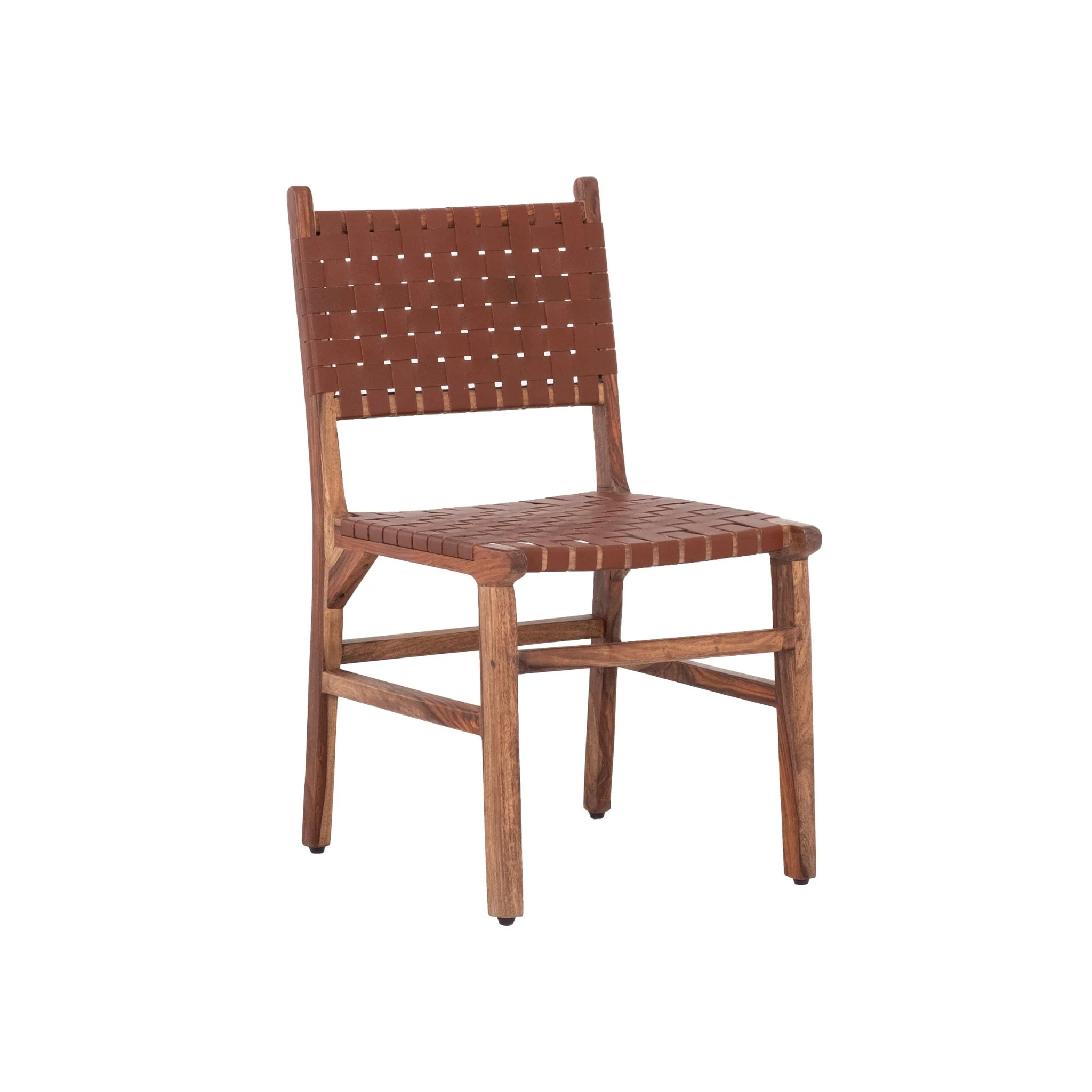 Rustic Wooden Dining Chair (Set of 2) With Genuine Leather Woven Upholstery - Brown - Image 7