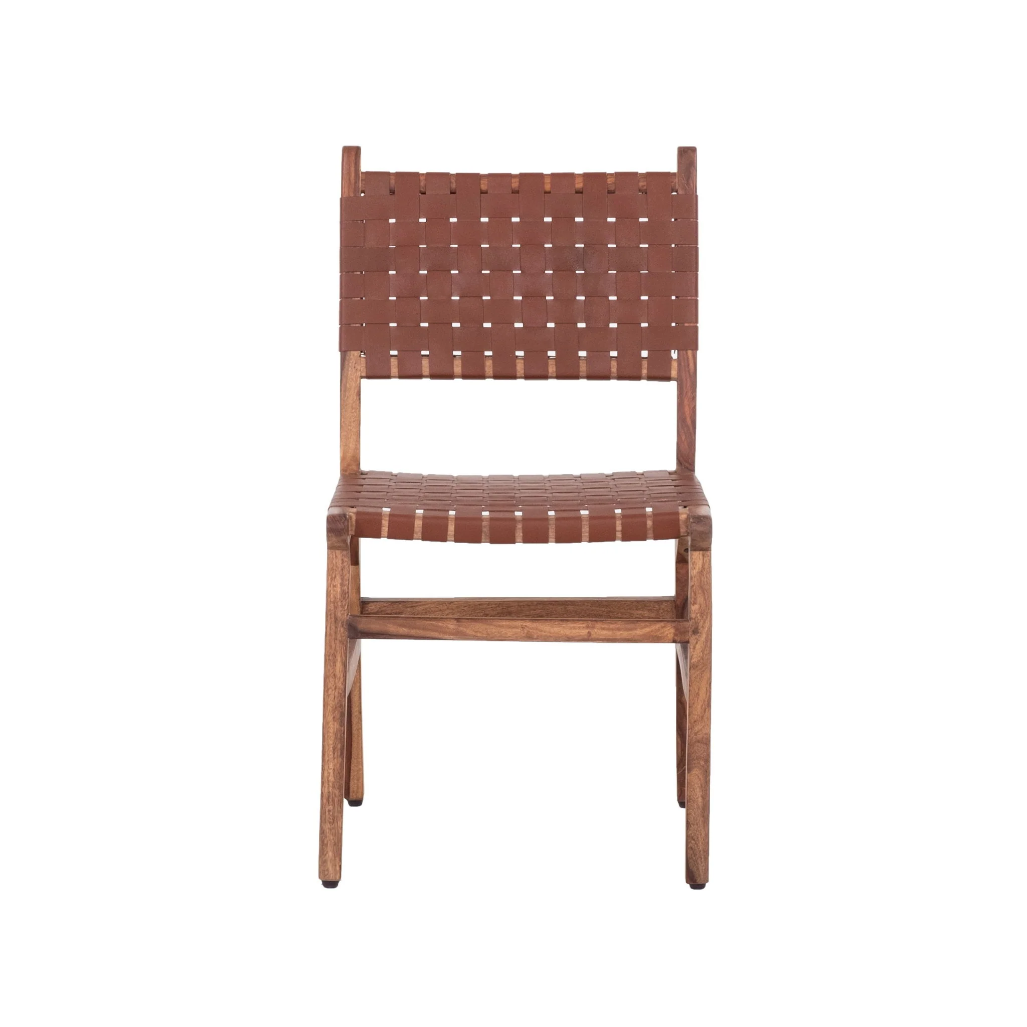 Rustic Wooden Dining Chair (Set of 2) With Genuine Leather Woven Upholstery - Brown - Image 9