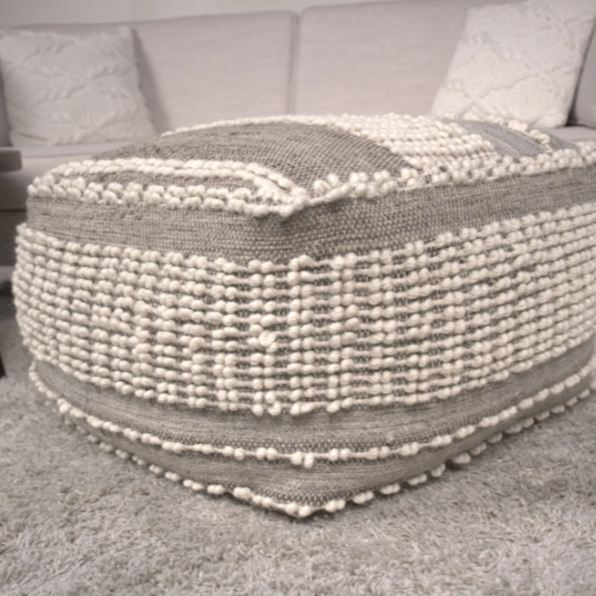 Rustic Wool And Cotton Large Pouf, Handcrafted Tufted Design - Brown / Beige - Image 2