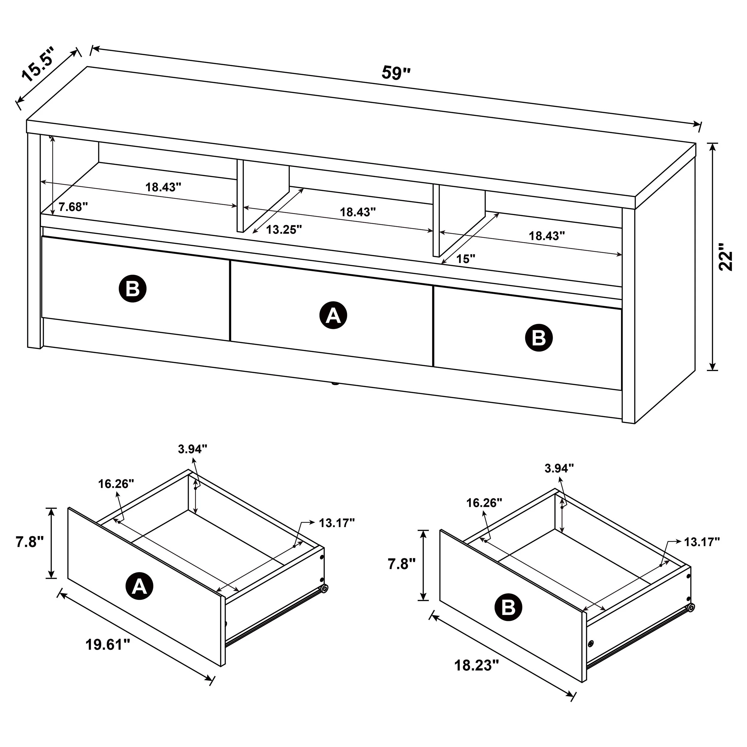 Rutland 59-Inch 3-Drawer TV Stand Media Console Black - Image 11