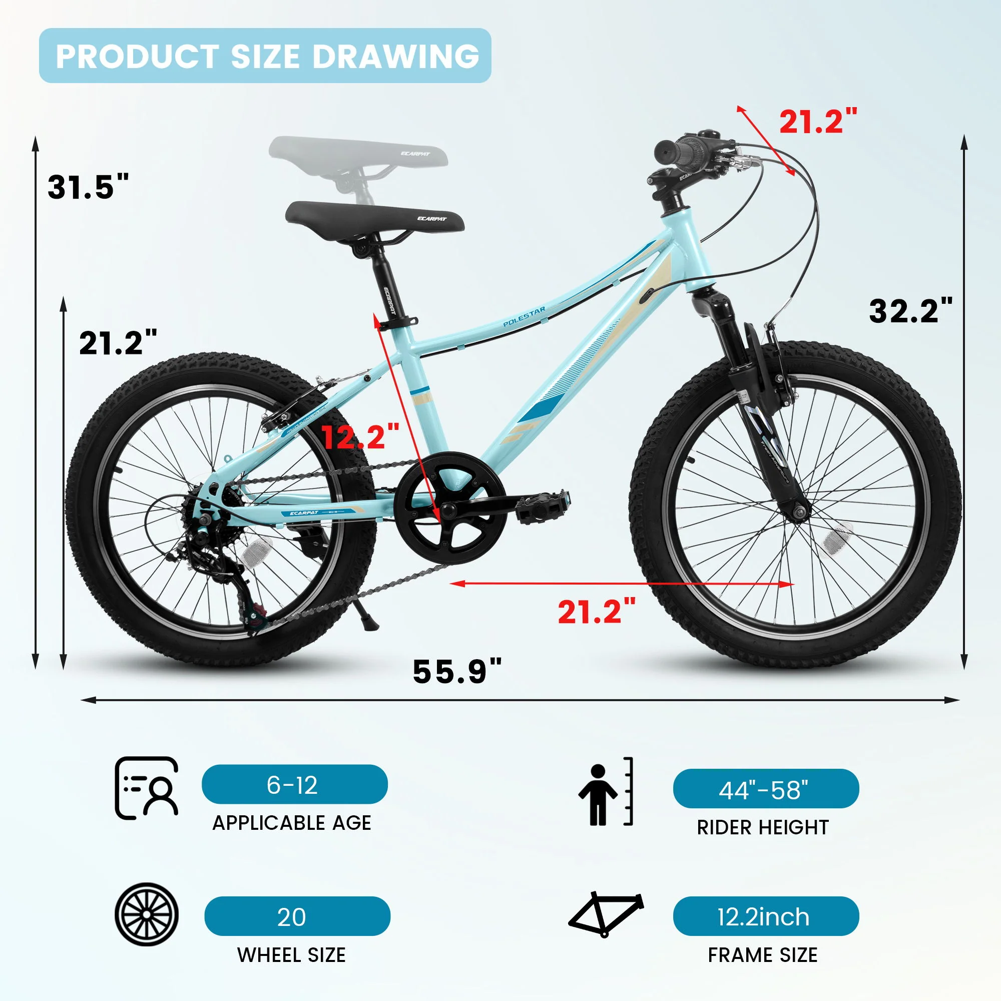 S20101 20" Kids' Bike, Boys Girls Mountain Bike Ages 8-12, 7 Speed Teenager Children Kids' Bicycles, Front Suspension Disc Brake Rear V-Brake, High Steel Frame - Image 10