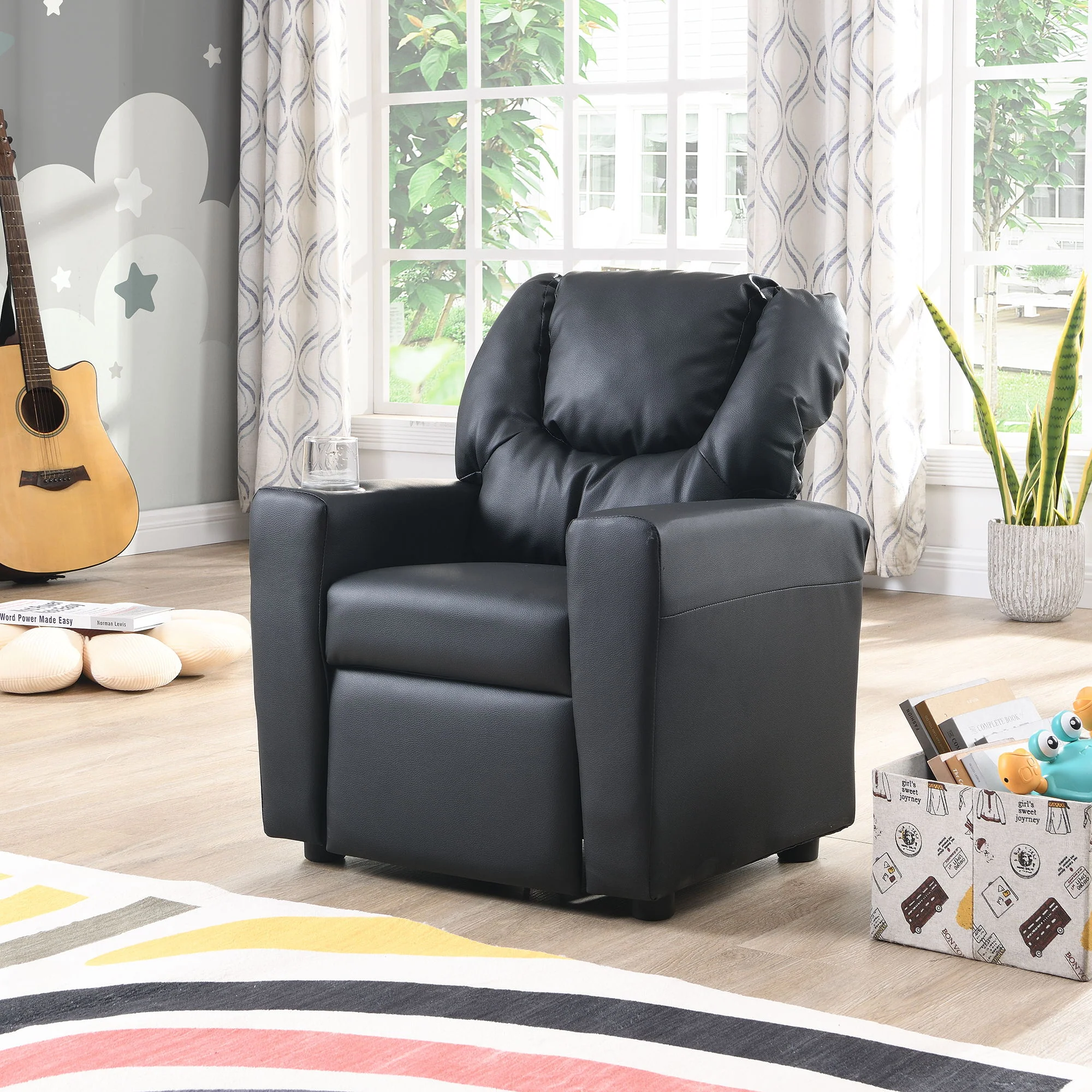 Sally Deluxe Kids Recliner Chair With Cup Holder - Black - Image 5
