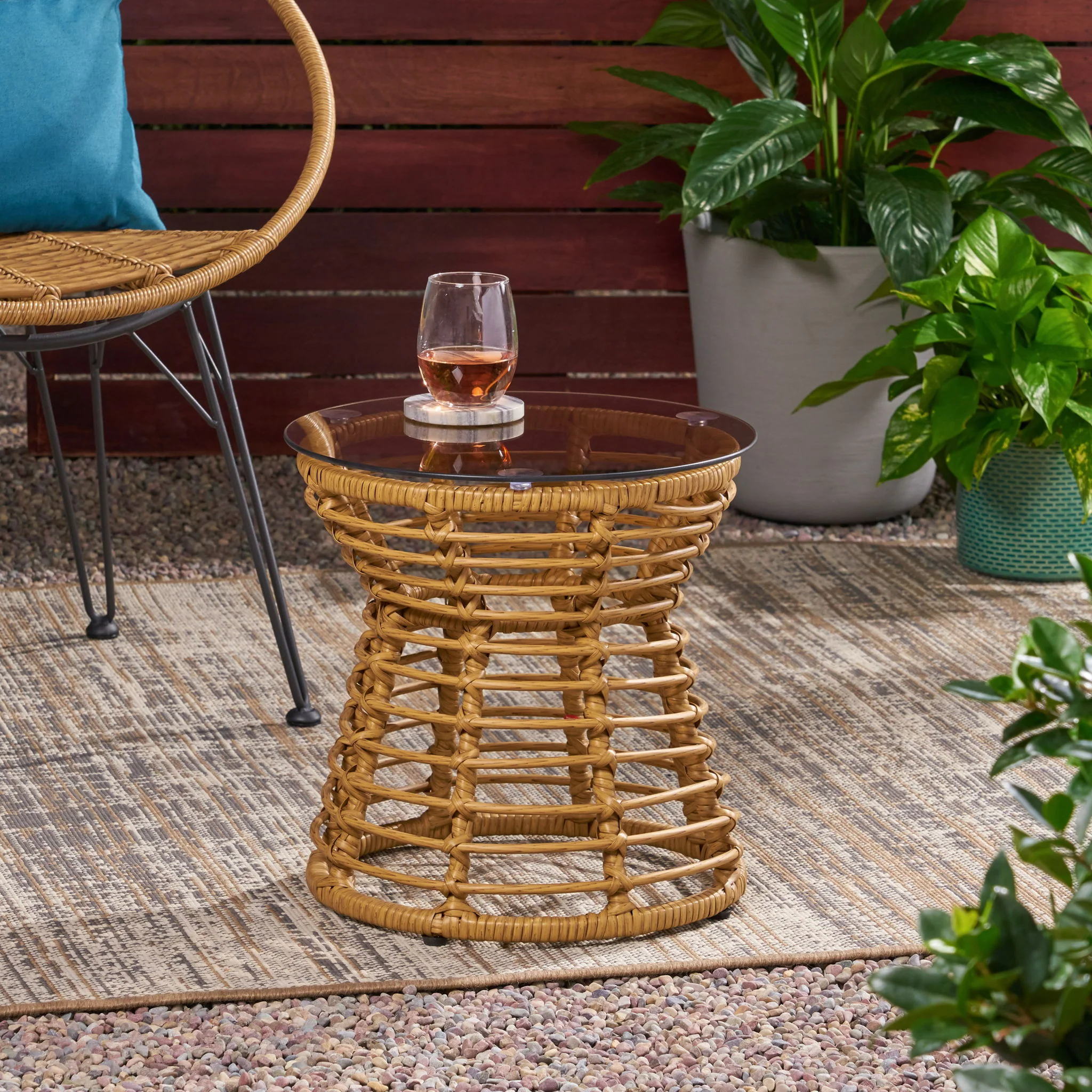 San Pedro - Boho Style Side Table With Tempered Glass Top - Light Brown Rattan - Image 4