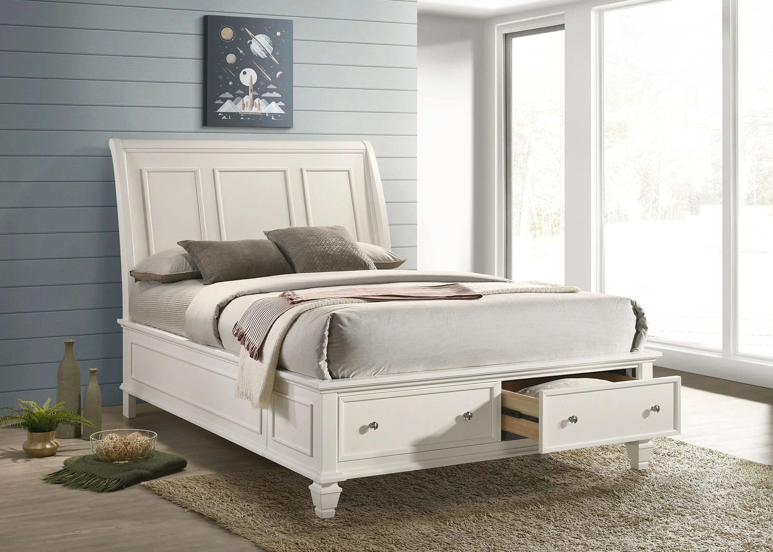 Sandy Beach Wood Queen Storage Panel Bed Cream White - Image 4