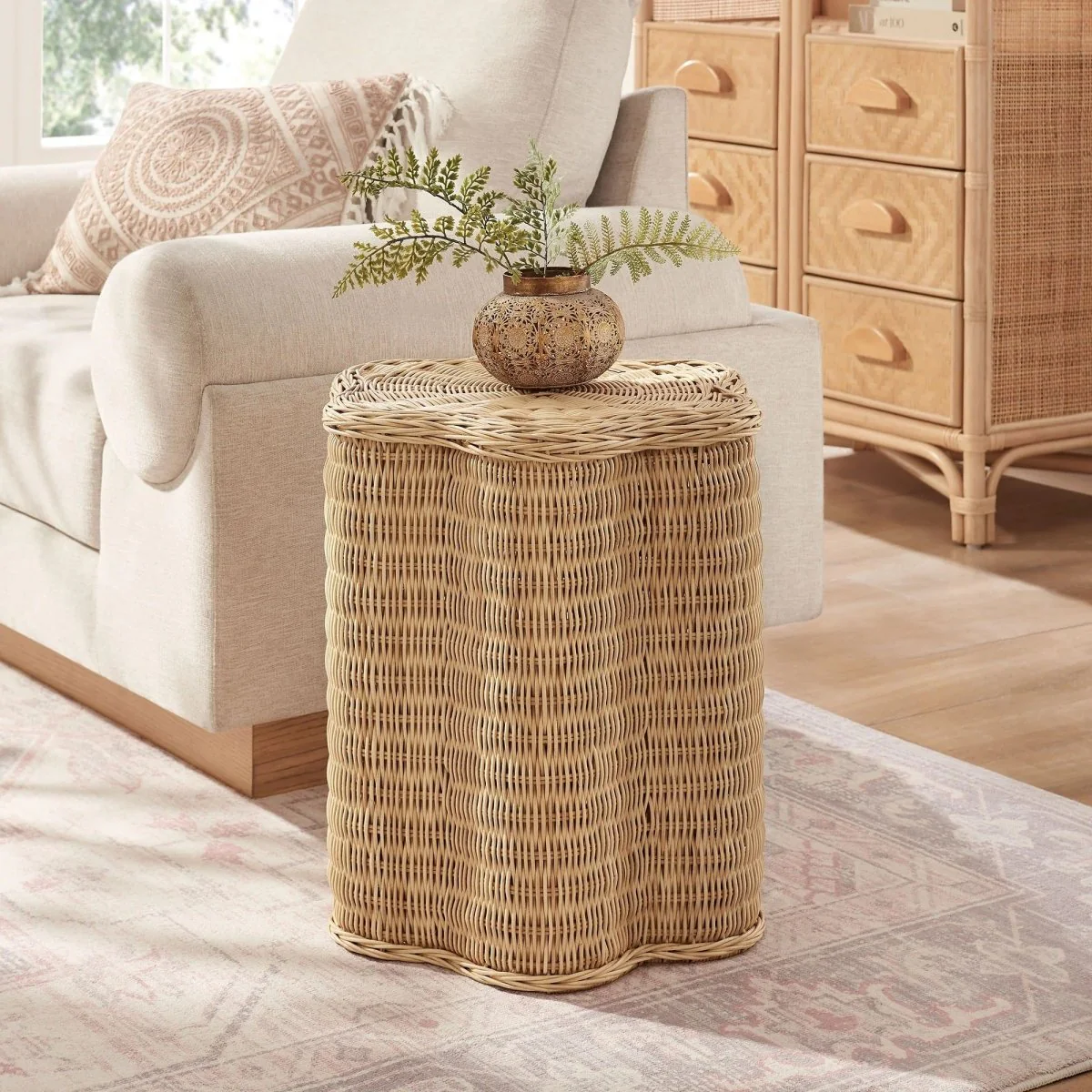 Scalloped Rattan Side Table Flower Design – Natural 17 Inch - Image 5