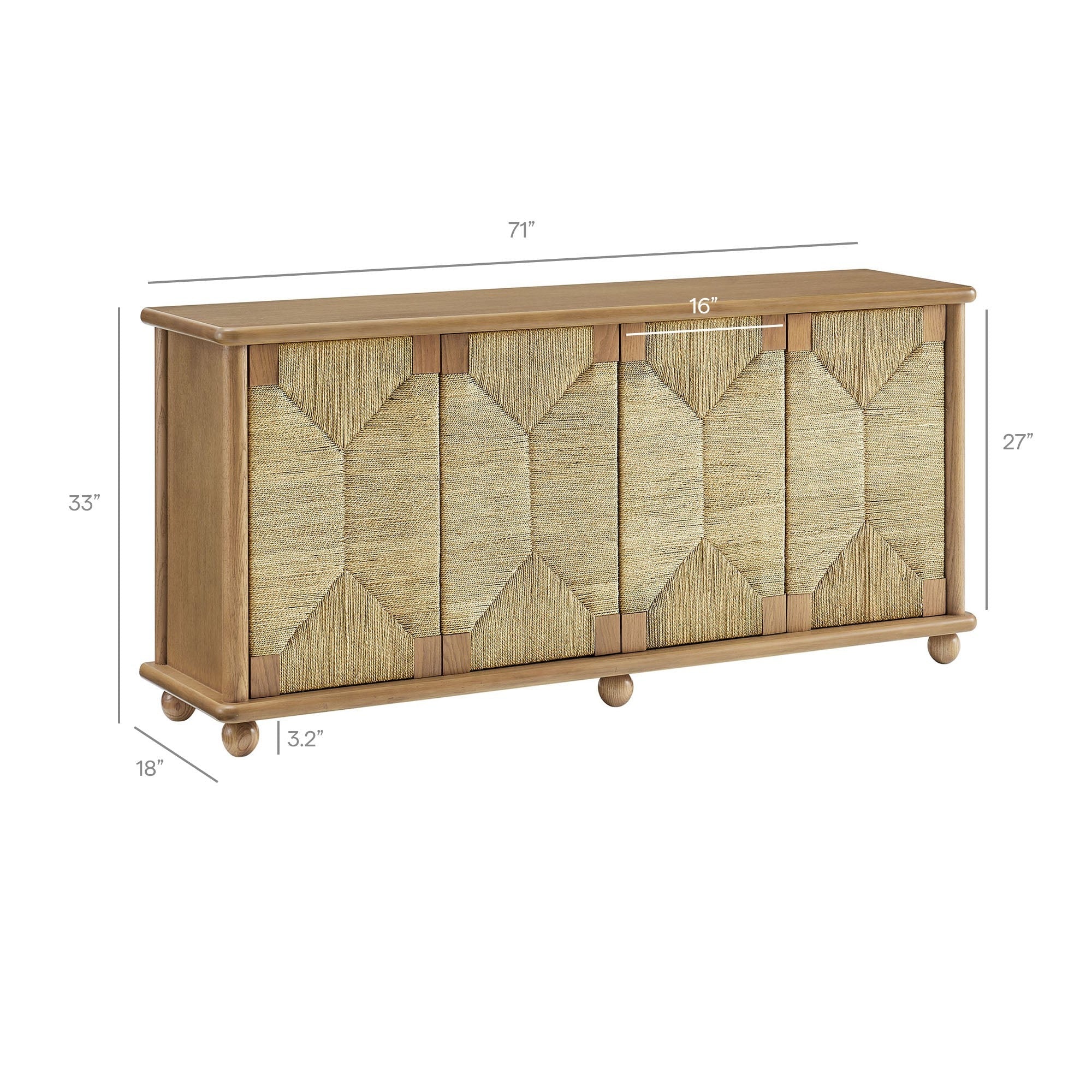 Seagrass Door Sideboard Storage Cabinet – Oak Wood 71 Inch - Image 2