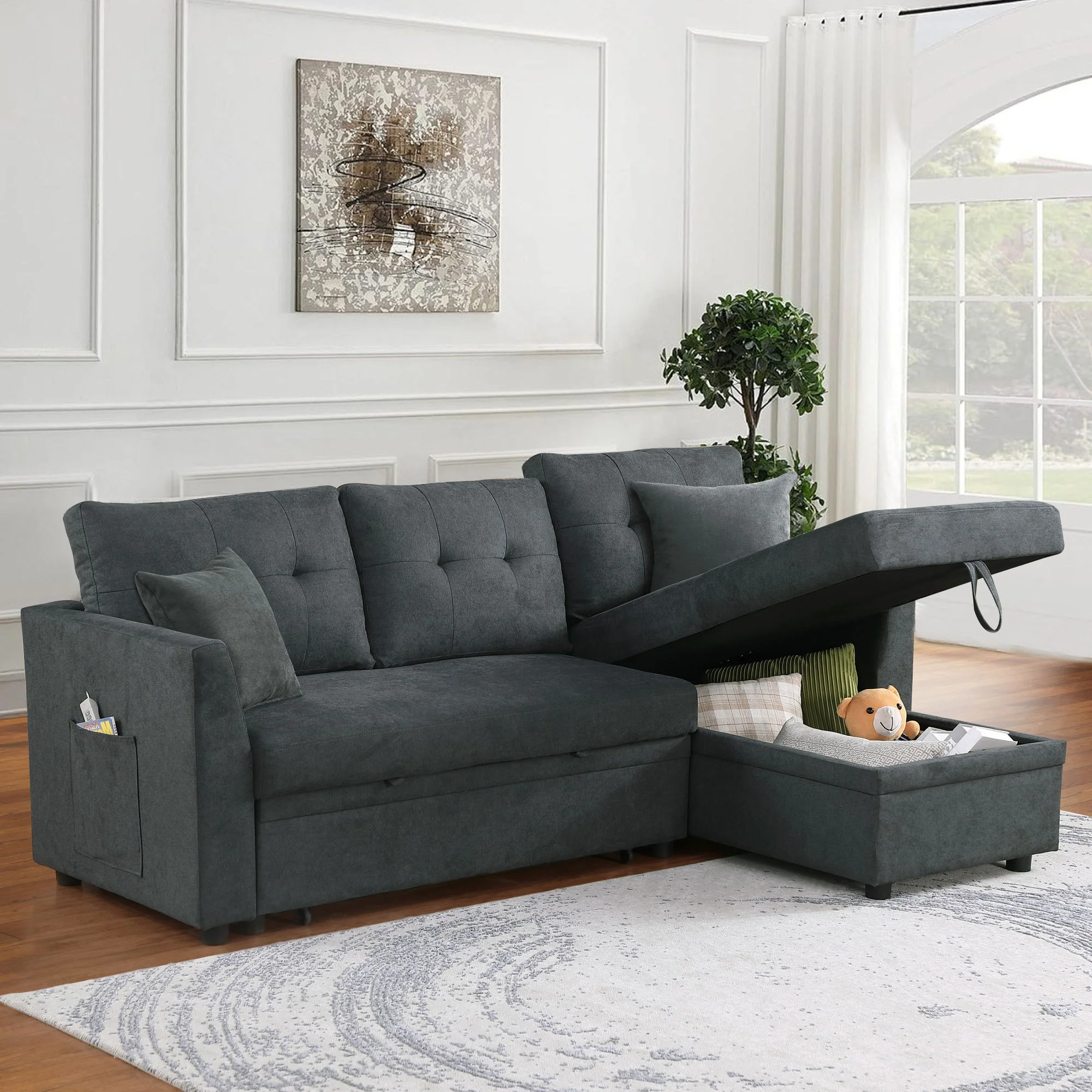 Sectional Sofa Bed L Shaped Sofa Couch Bed With USB Port, Reversible Chaise With Storage - Image 4