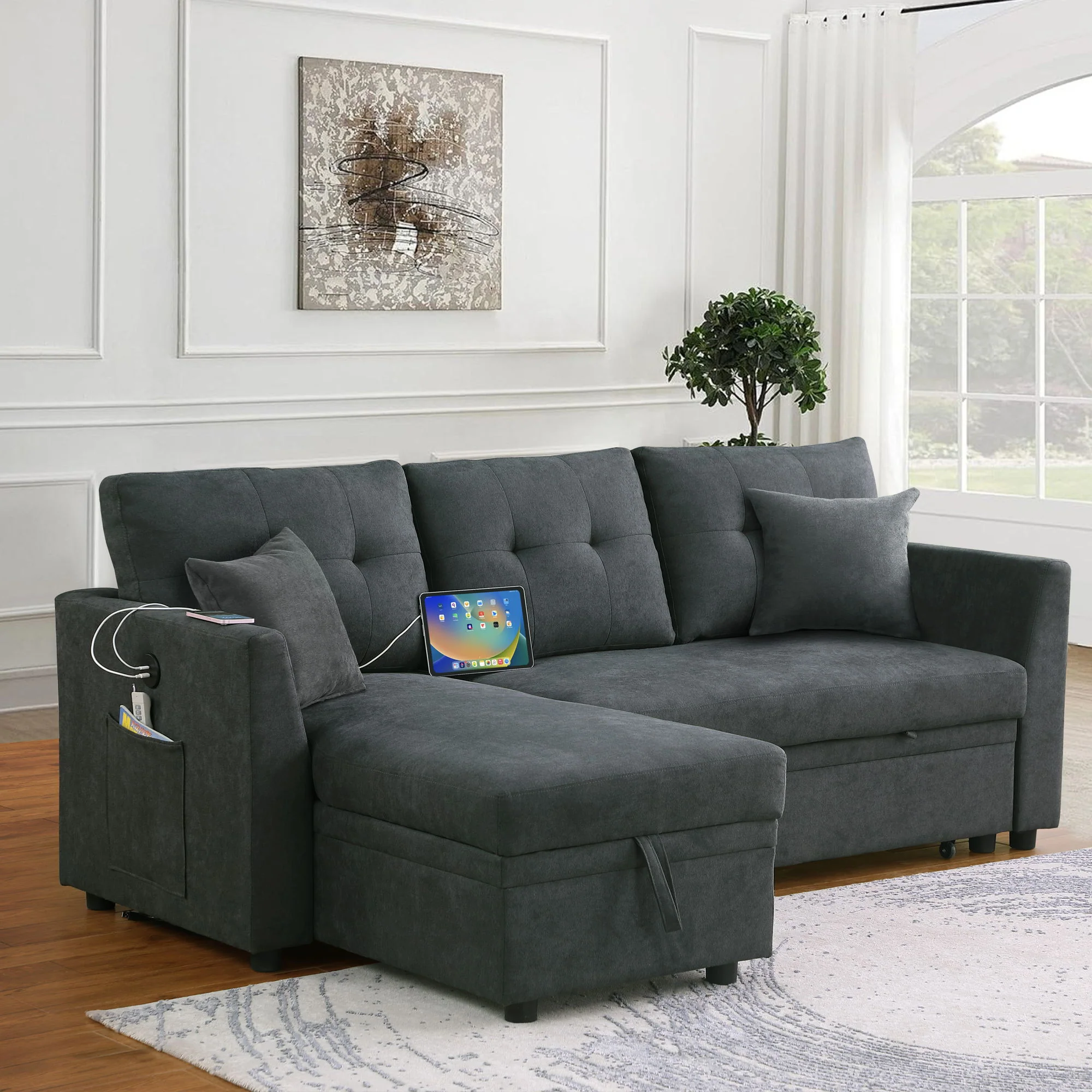 Sectional Sofa Bed L Shaped Sofa Couch Bed With USB Port, Reversible Chaise With Storage - Image 7