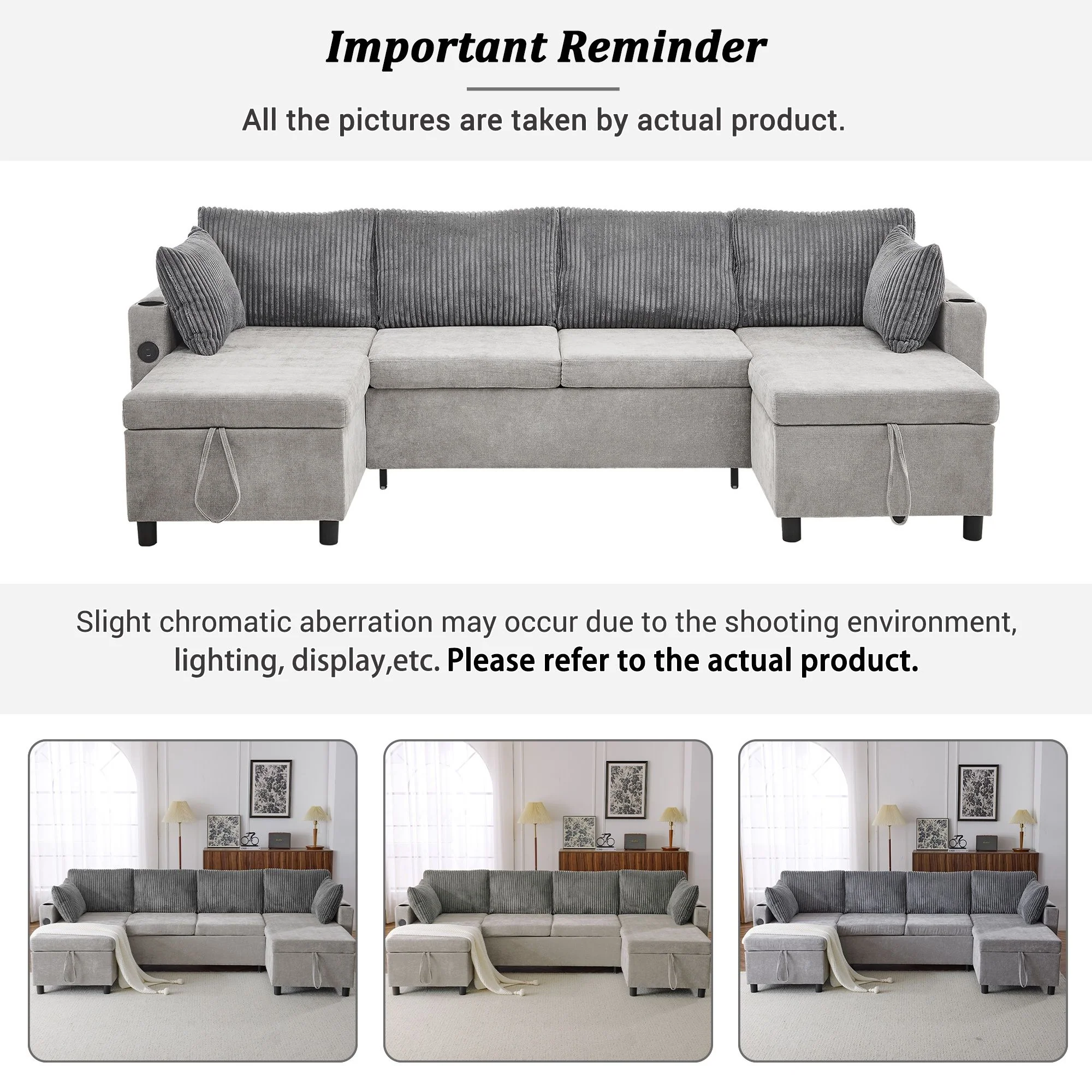 Sectional Sofa Bed With Pull Out Sleeper, USB Ports, Cup Holders - Image 14