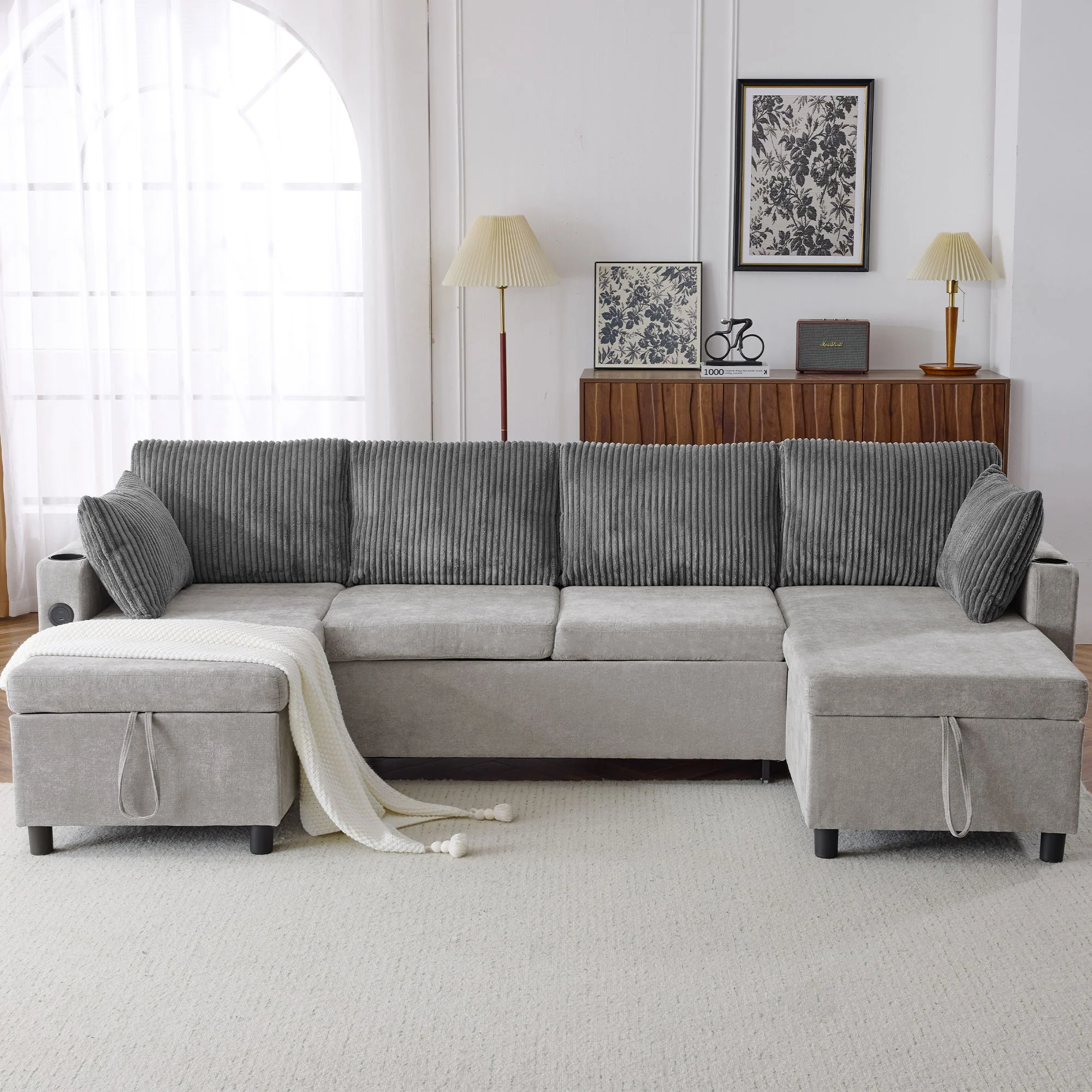 Sectional Sofa Bed With Pull Out Sleeper, USB Ports, Cup Holders - Image 4