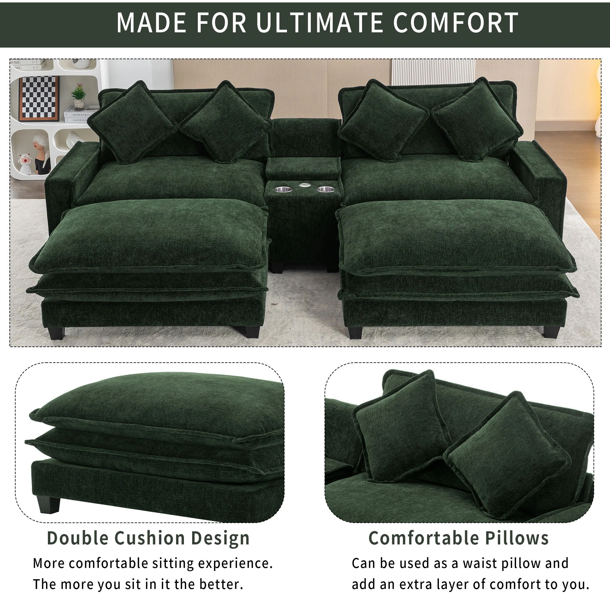 Sectional Sofa Upholstered Sofa With Two Removable Ottoman, Two USB Ports, Two Cup Holders And Large Storage Box For Living Room - Image 12
