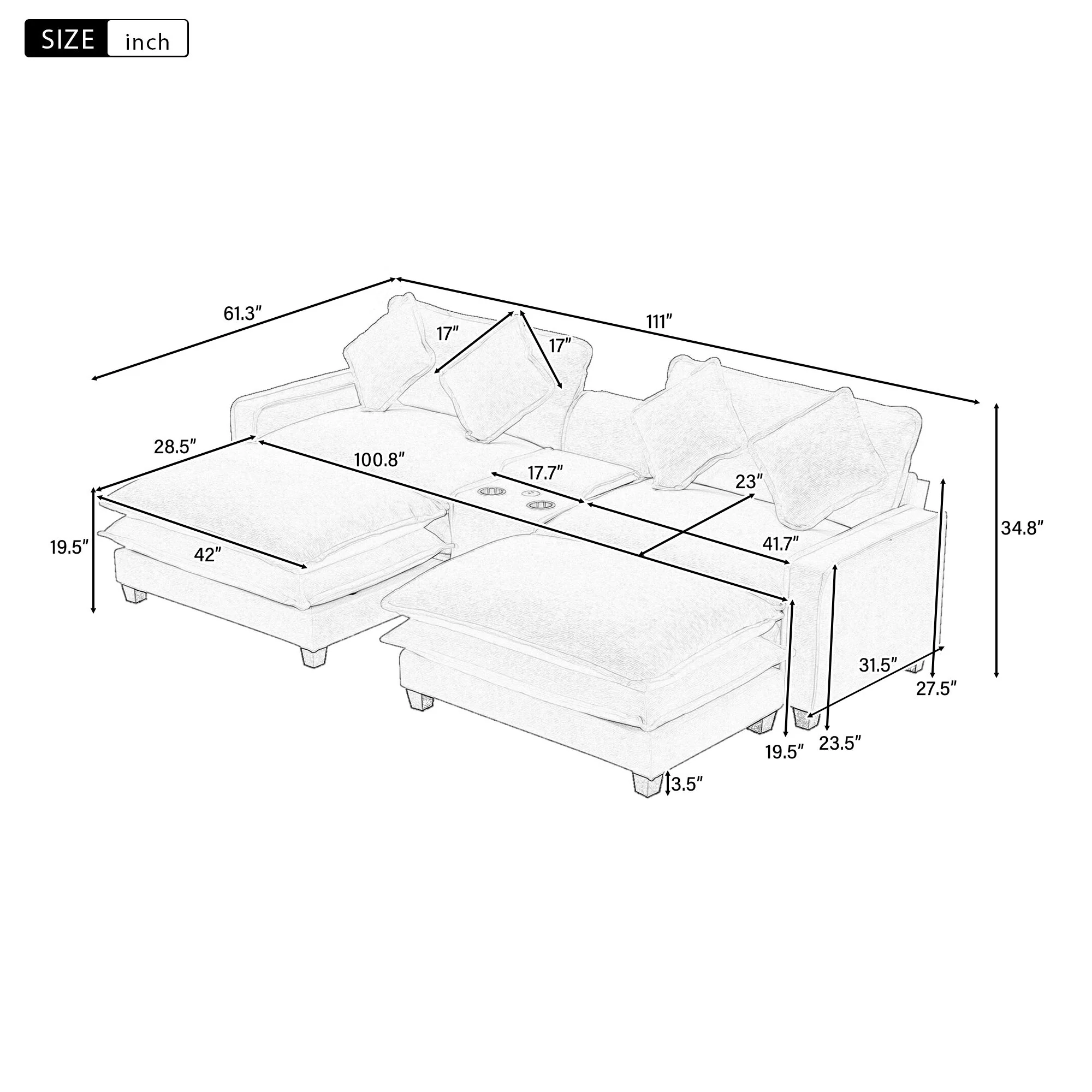 Sectional Sofa Upholstered Sofa With Two Removable Ottoman, Two USB Ports, Two Cup Holders And Large Storage Box For Living Room - Image 23